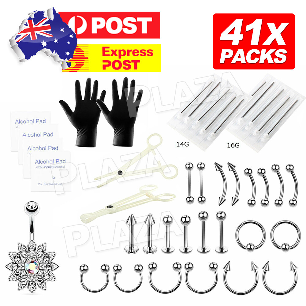 41Pcs Body Piercing Kit 14G 16G Needle Forceps Jewelry Gloves stainless steel