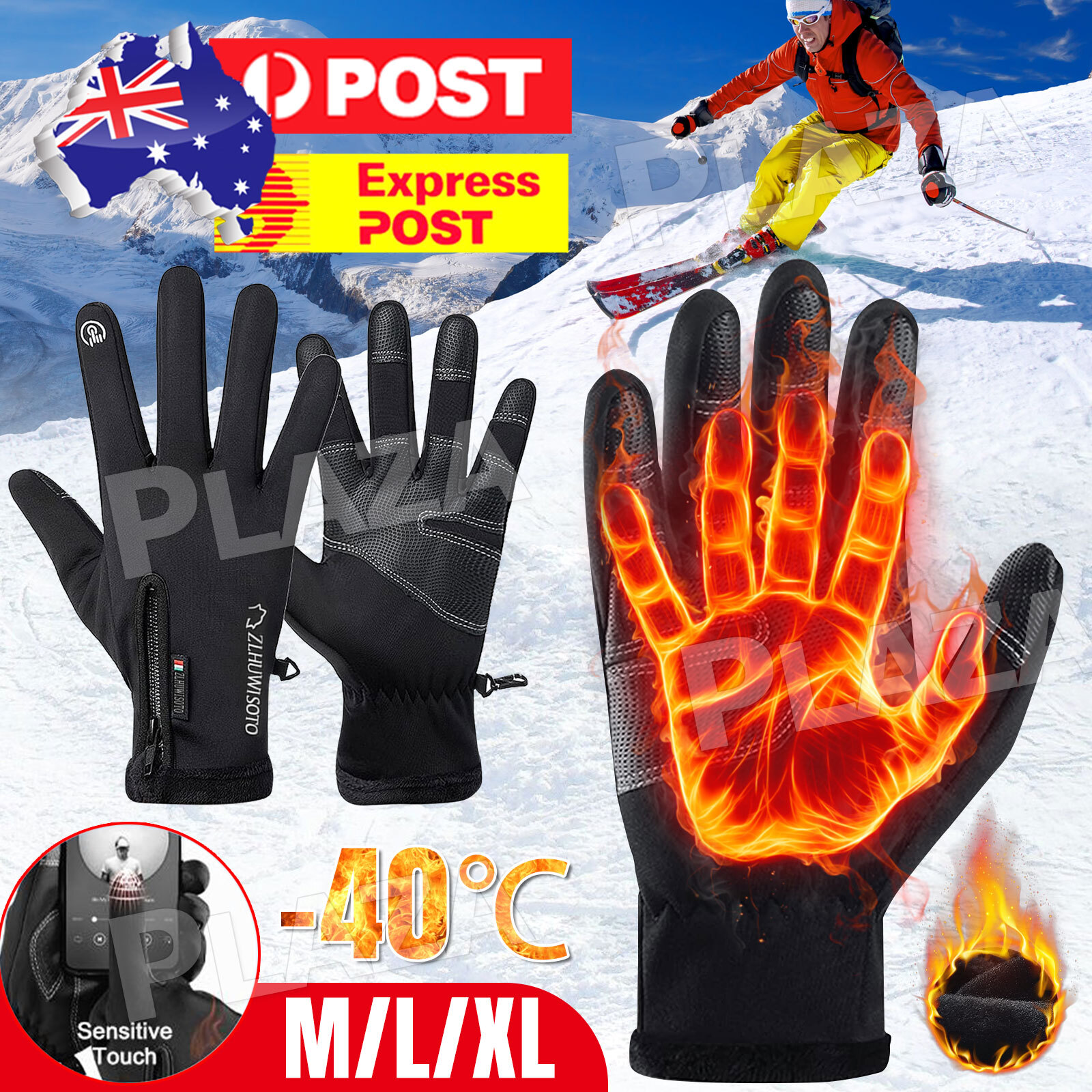Winter Gloves Waterproof Thermal Touch Screen Windproof Warm Black Fleece Cotton
