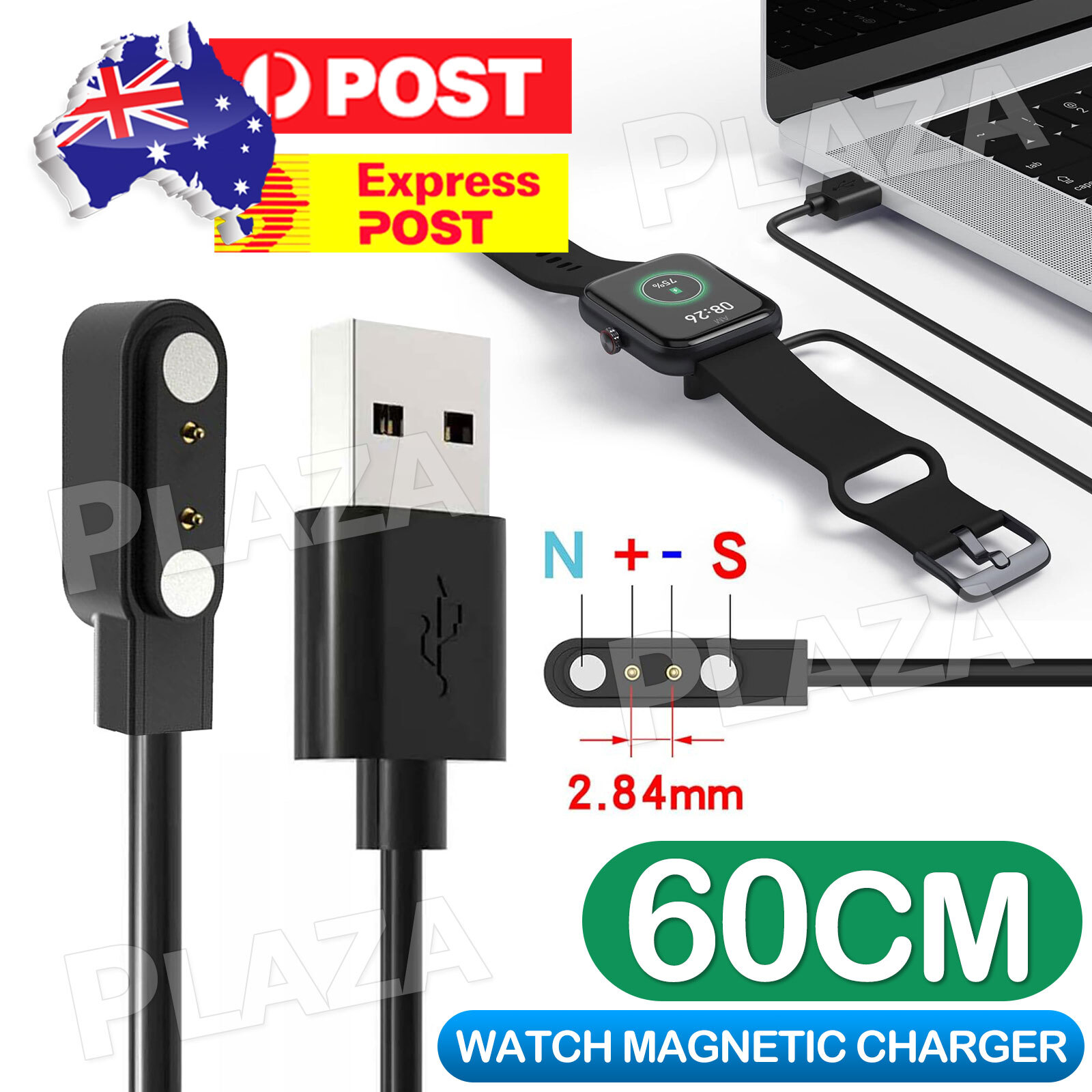 Universal 2-Pin USB Magnetic Smart Watch Charger Cable 60cm Black Data Charging