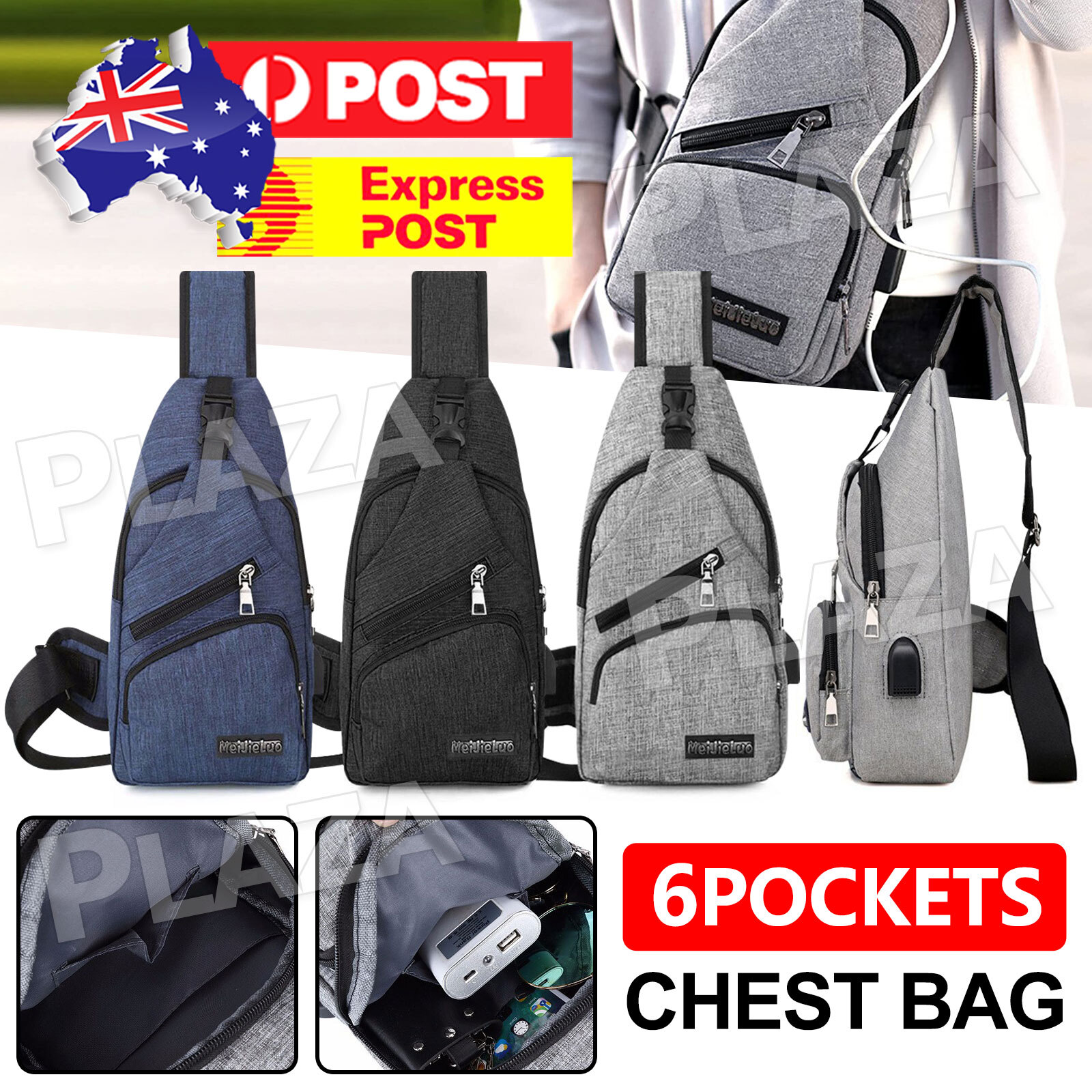 Mens Canvas Chest Bag USB Charging Cross Body Adjustable Strap Black Travel