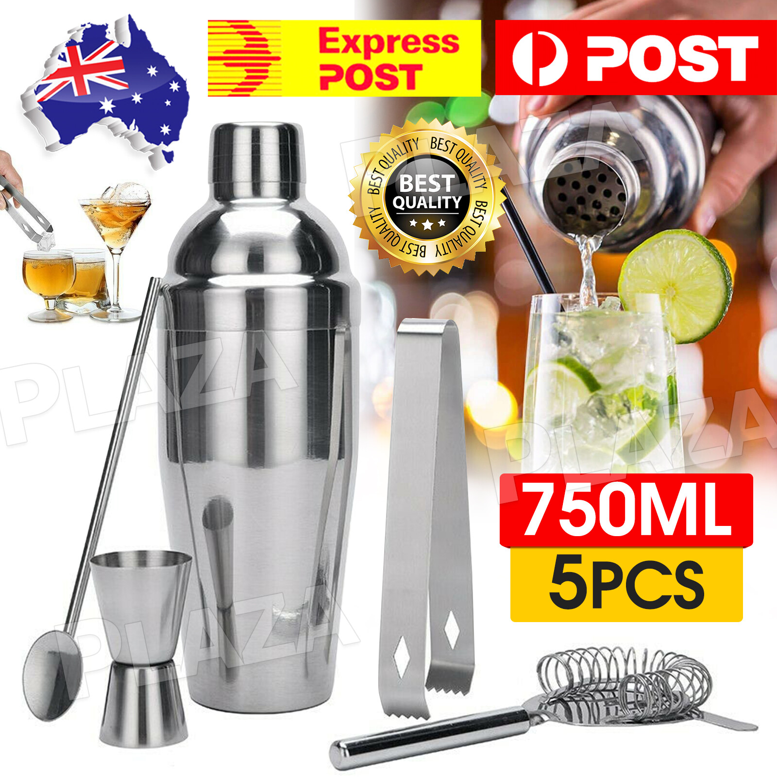 5Pcs Stainless Steel Cocktail Shaker 750ml Martini Mixer Strainer Jigger Silver