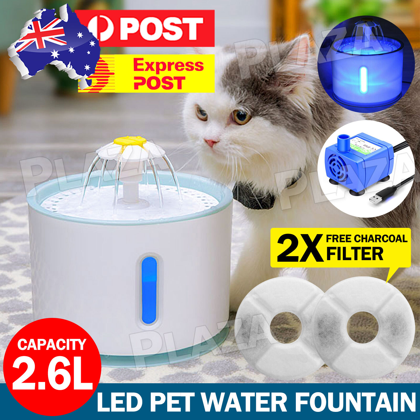 LED USB Pet Water Fountain Automatic Cat/Dog 2.6L White plastic Electric filter