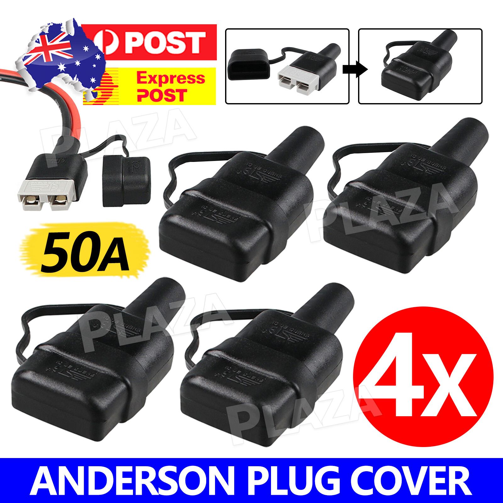 4x 50A Anderson Plug Cover SG50A Black PVC Waterproof Dust Cable Sheath Cap