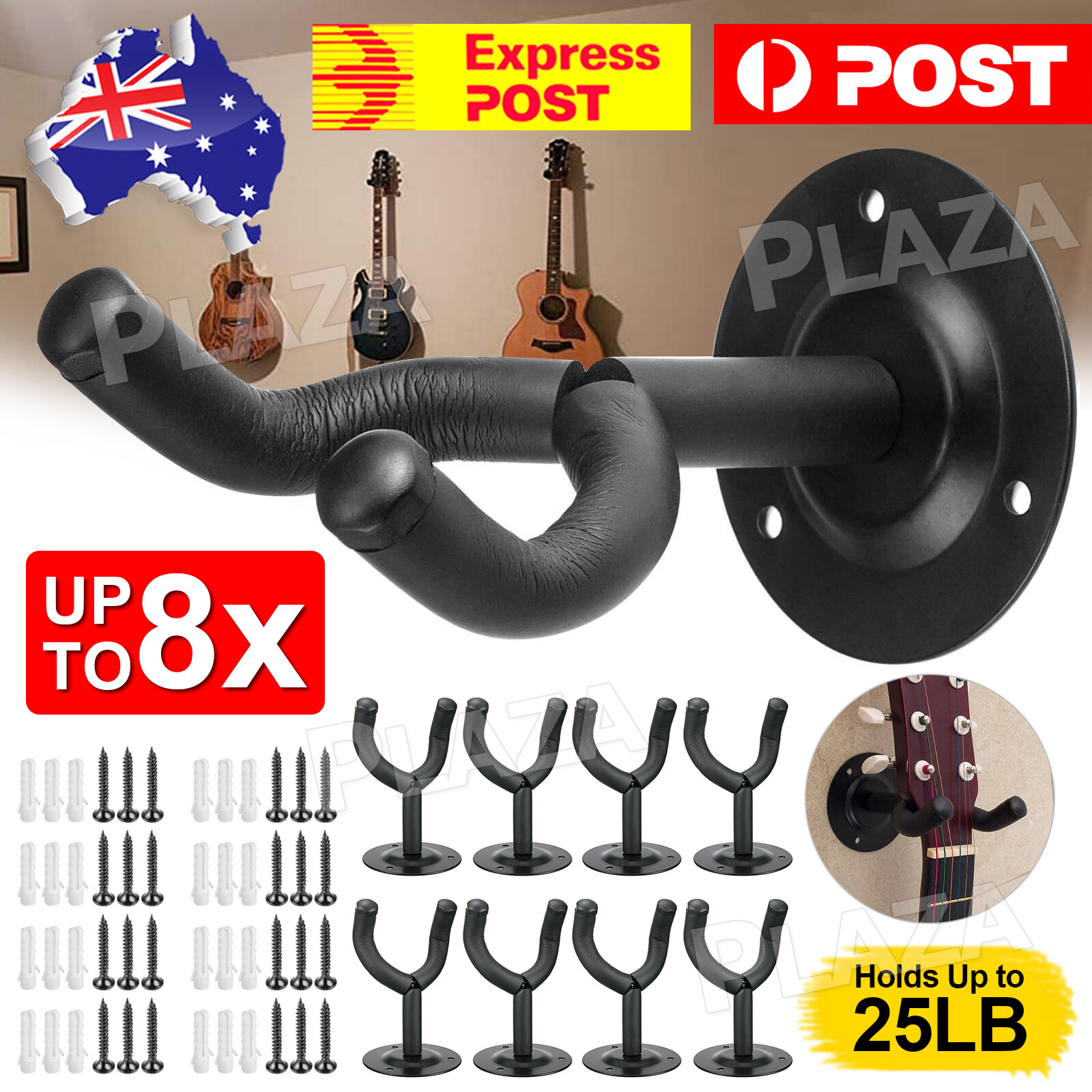 2pcs Wall Mount Guitar Hanger Hook Adjustable Padded Metal Black Guitars 8.3cm