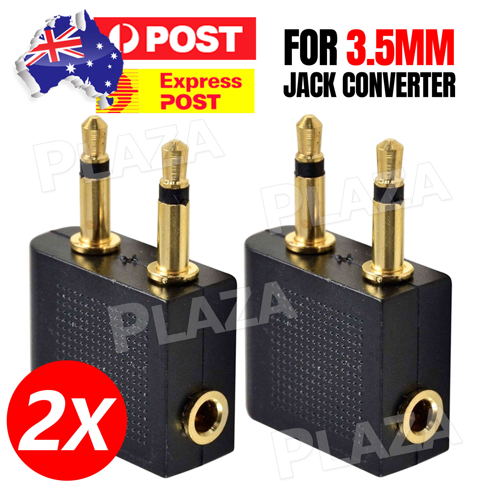 2 pcs Universal Airline Airplane Audio Adapter 3.5mm Dual Jack Black Golden Head