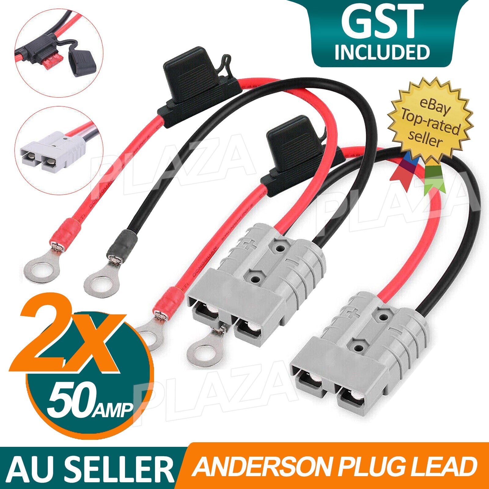 2pcs 50Amp FUSED Anderson Plug Lead 300mm 8mm Ring Terminals M8 Bolt Red Black