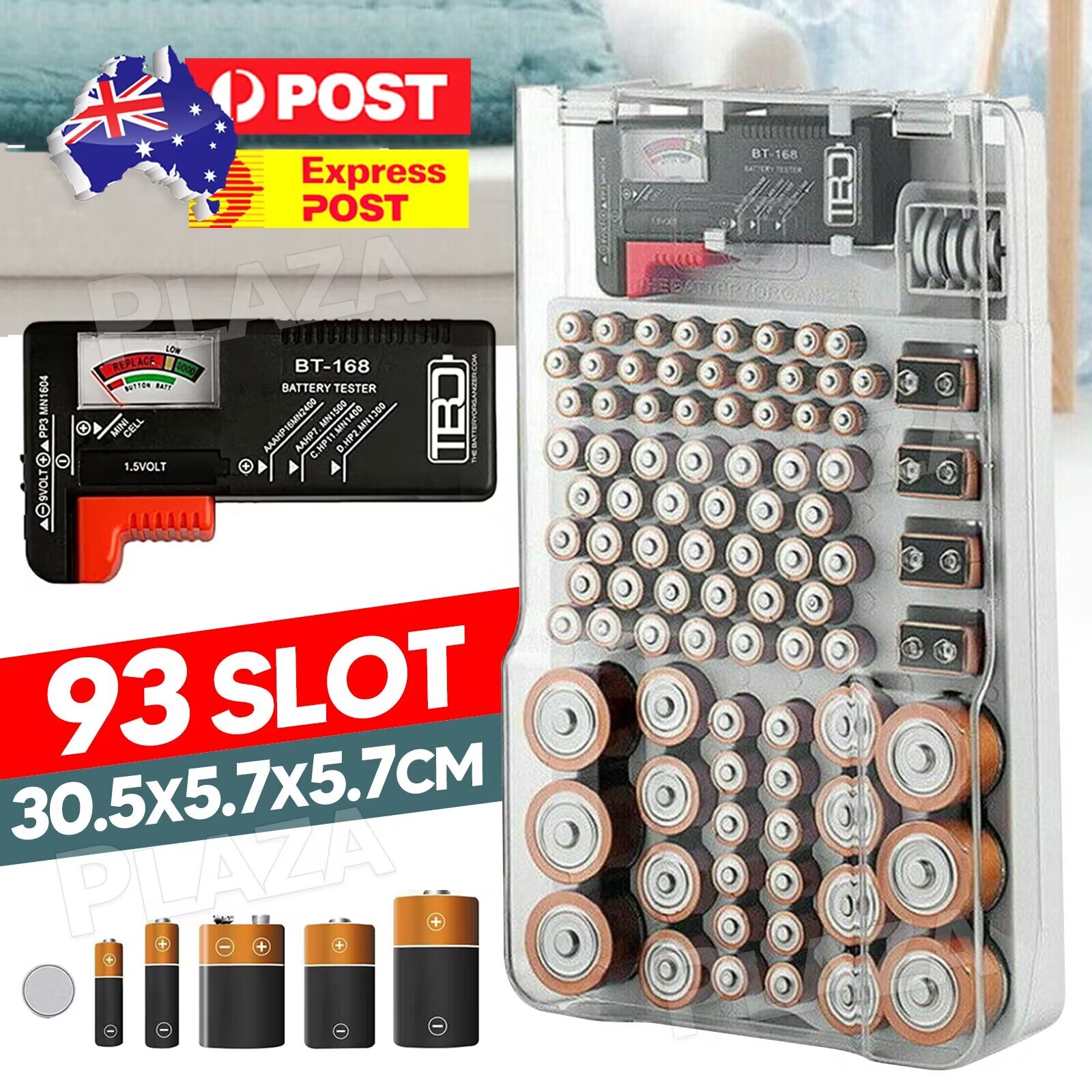 Battery Storage Organiser Holder with Tester 30.5x5.7x17.8CM AA AAA 9-Volt C D