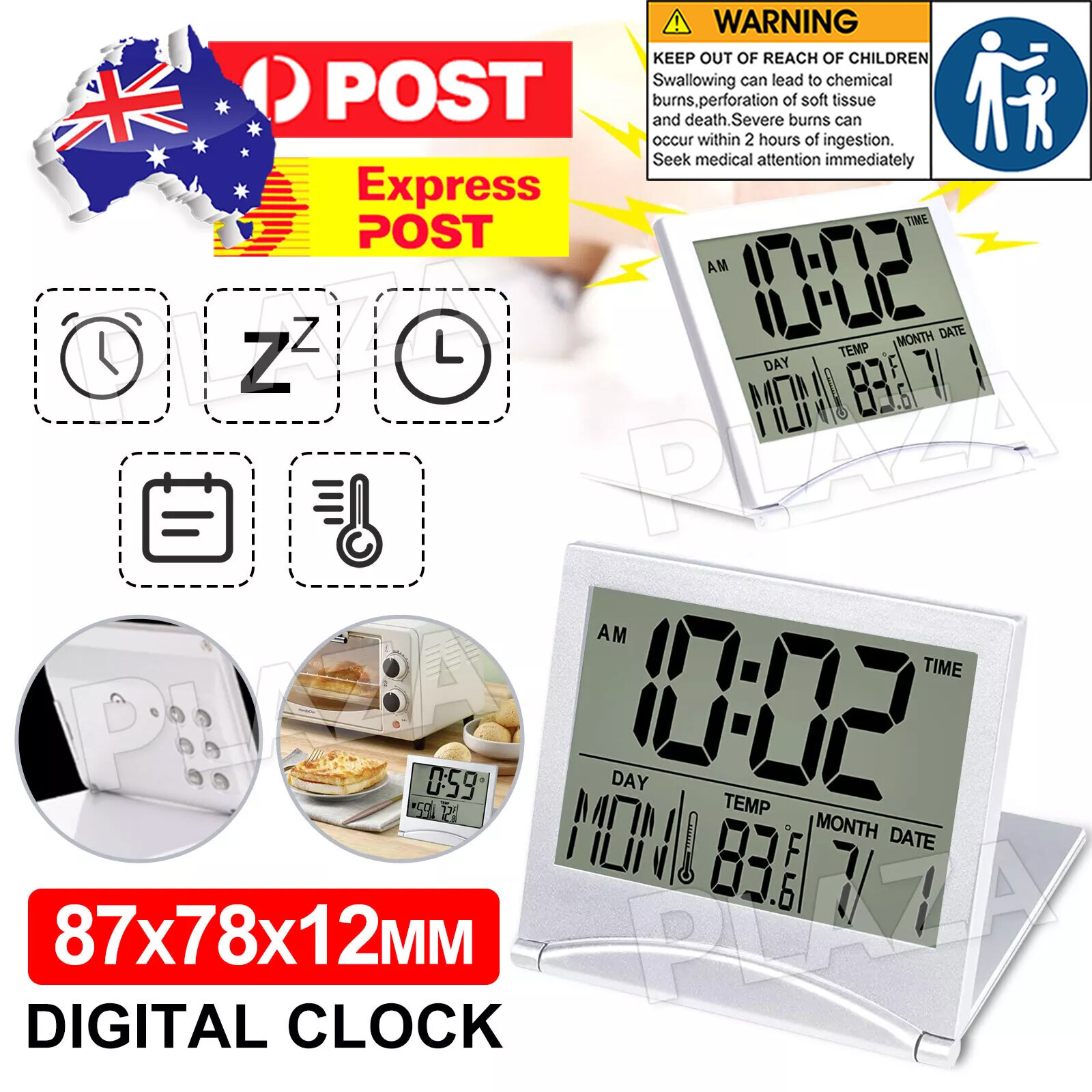 Digital LCD Travel Alarm Clock Thermometer Timer Calendar Silver 87x78x12MM