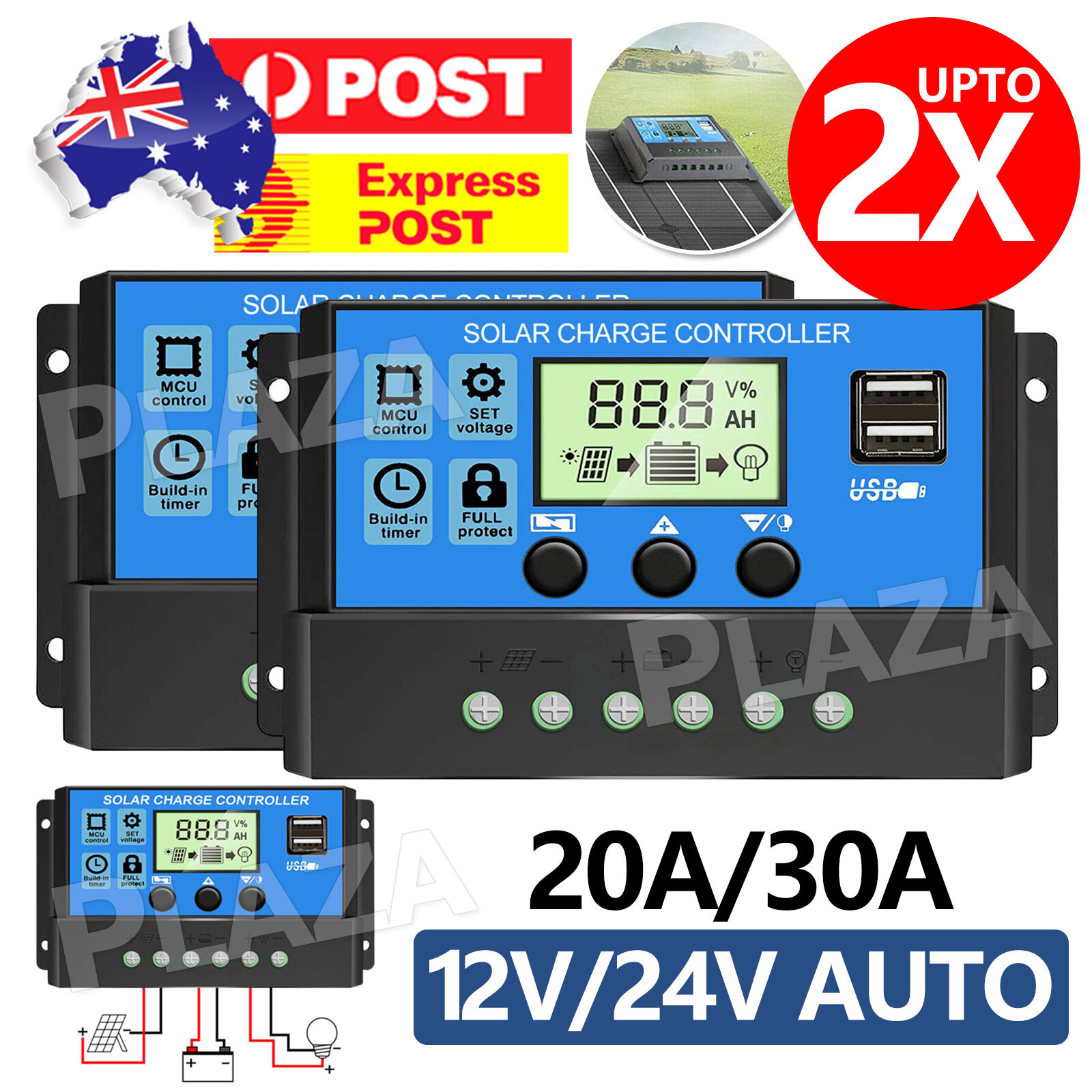 Solar Charge Controller Regulator 12V/24V auto 20A/30A PWM dual USB KLD1220