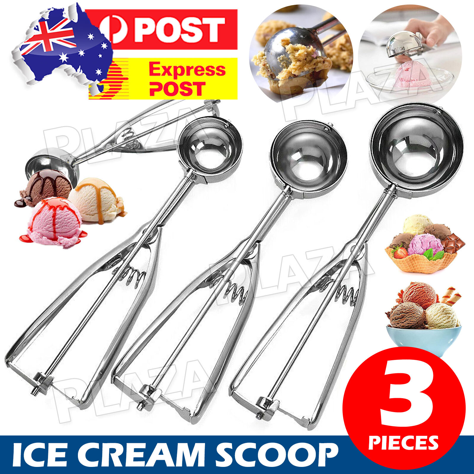 3Pcs Ice Cream Scoop Stainless Steel Silver 4/5/6cm 21-23cm squeeze-to-empty