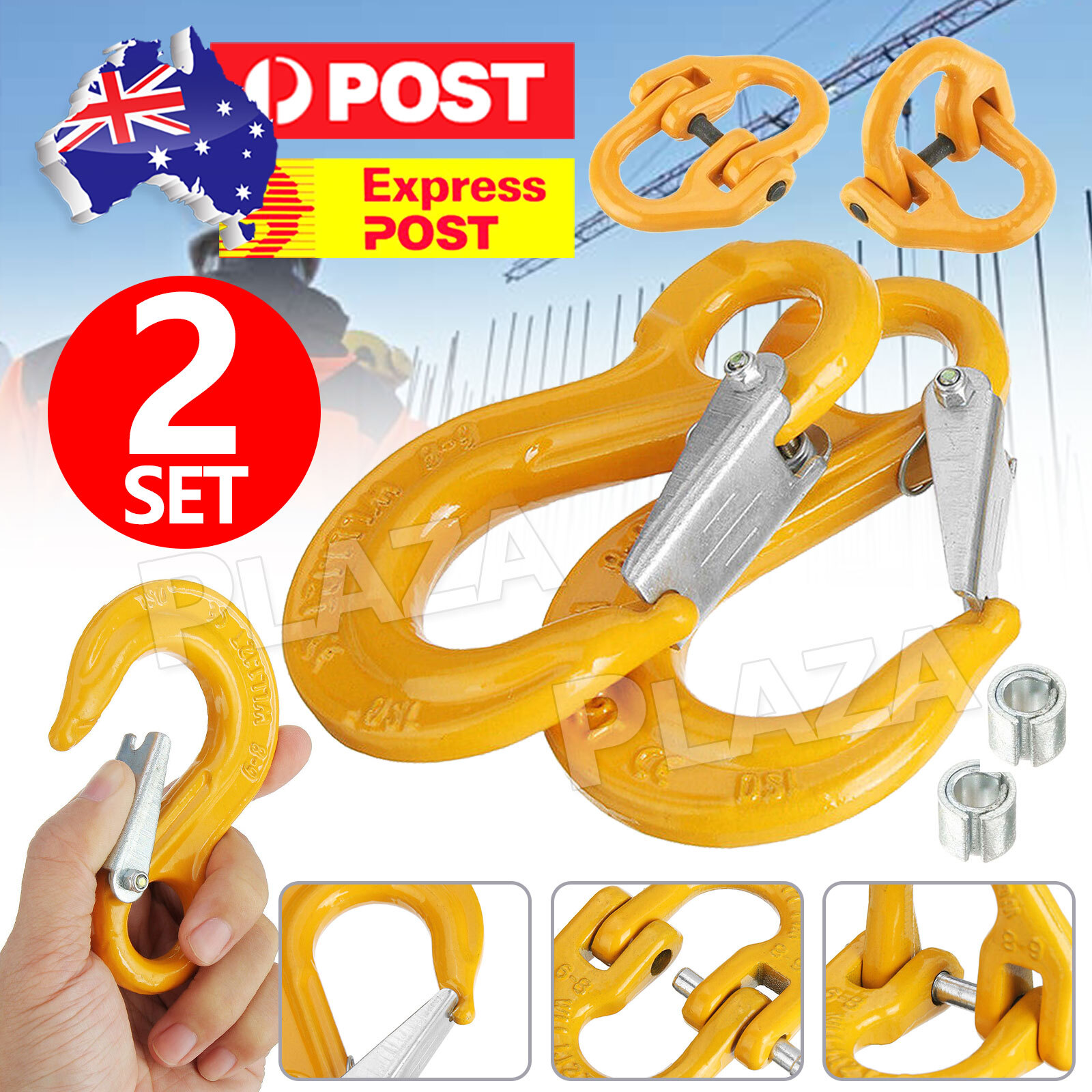 4pcs G80 8mm Hammerlock Chain Connectors 10mm Sling Hooks Yellow 35CrMo Steel