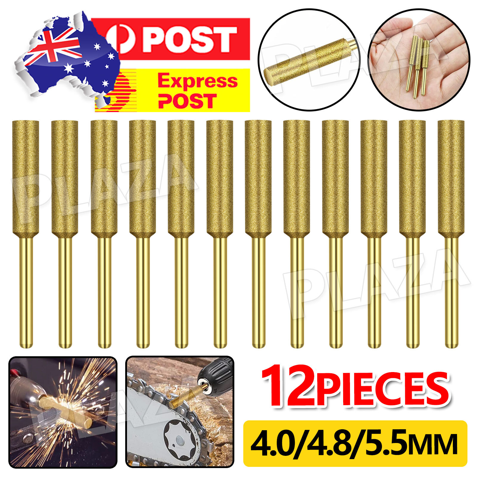 12PCS Titanium Chainsaw Sharpener Diamond Burr Grinder Bits 4.0mm 4.8mm 5.5mm