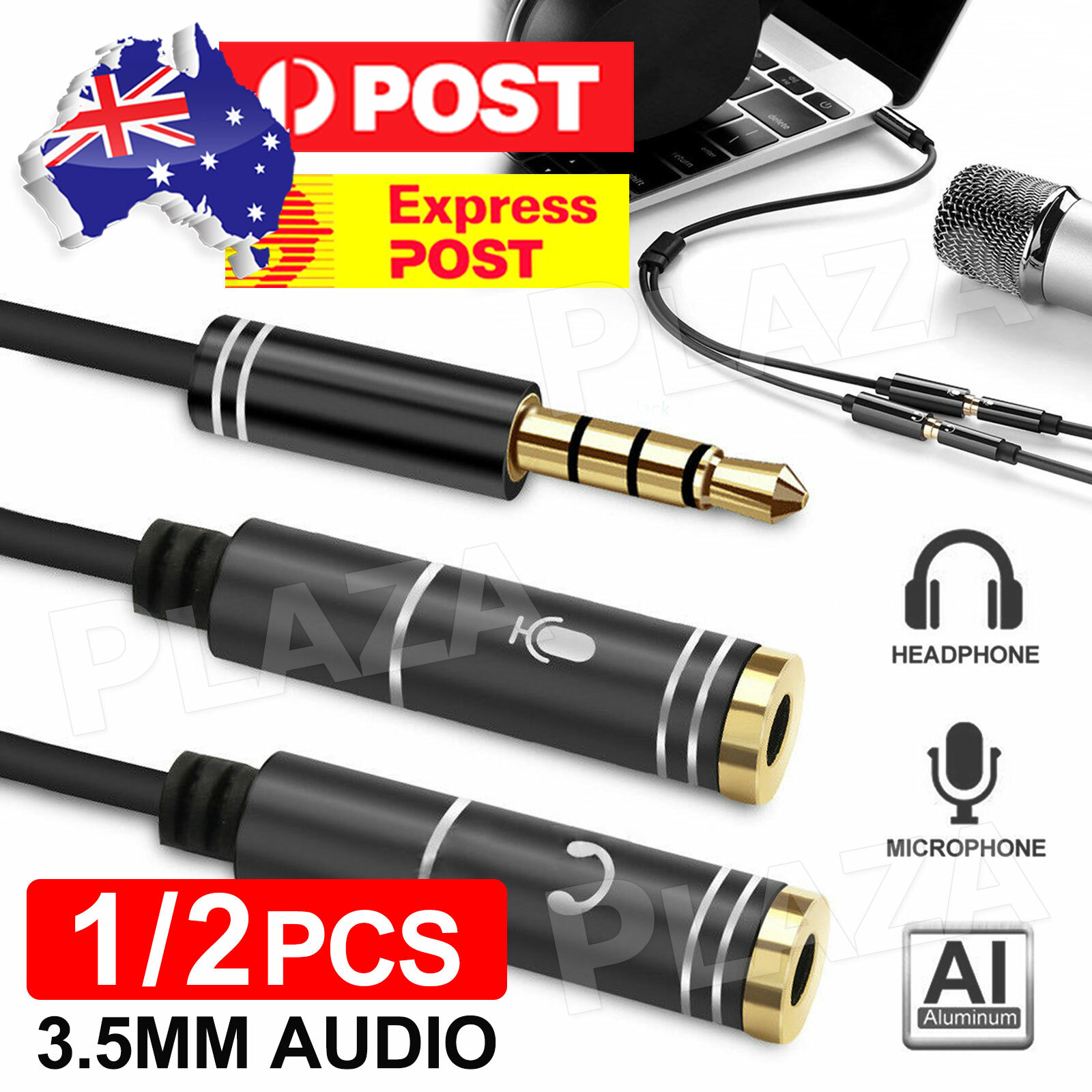 3.5mm AUX Audio MIC Splitter Adapter Male to Female TRRS 33.1cm Black Universal