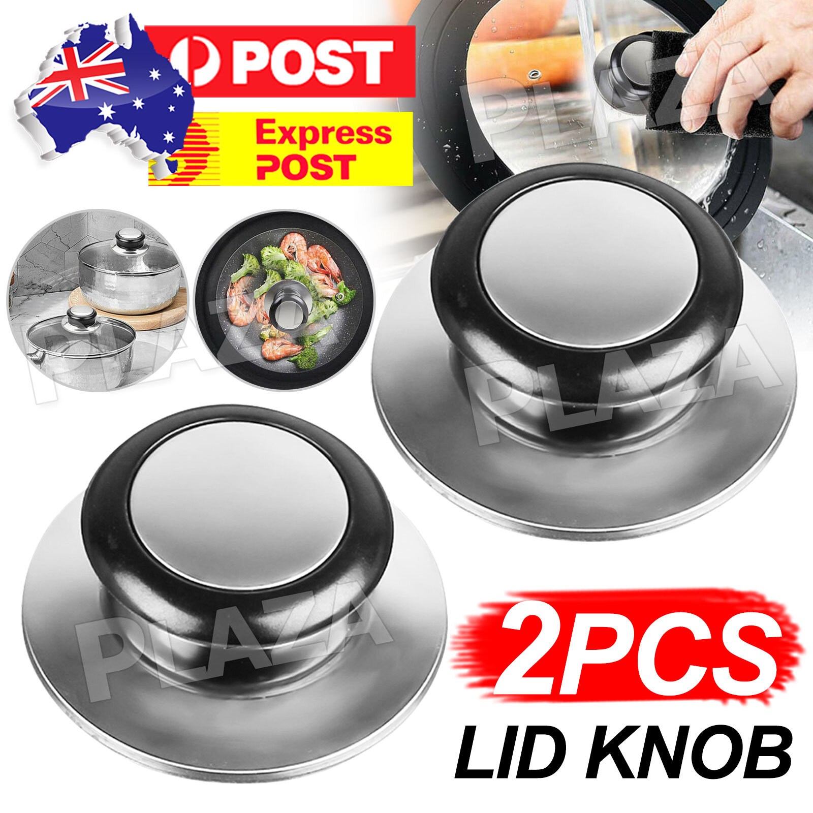 2Pcs Replacement Pot Lid Knob Handle Stainless Steel Plastic Black Silver 5.5cm
