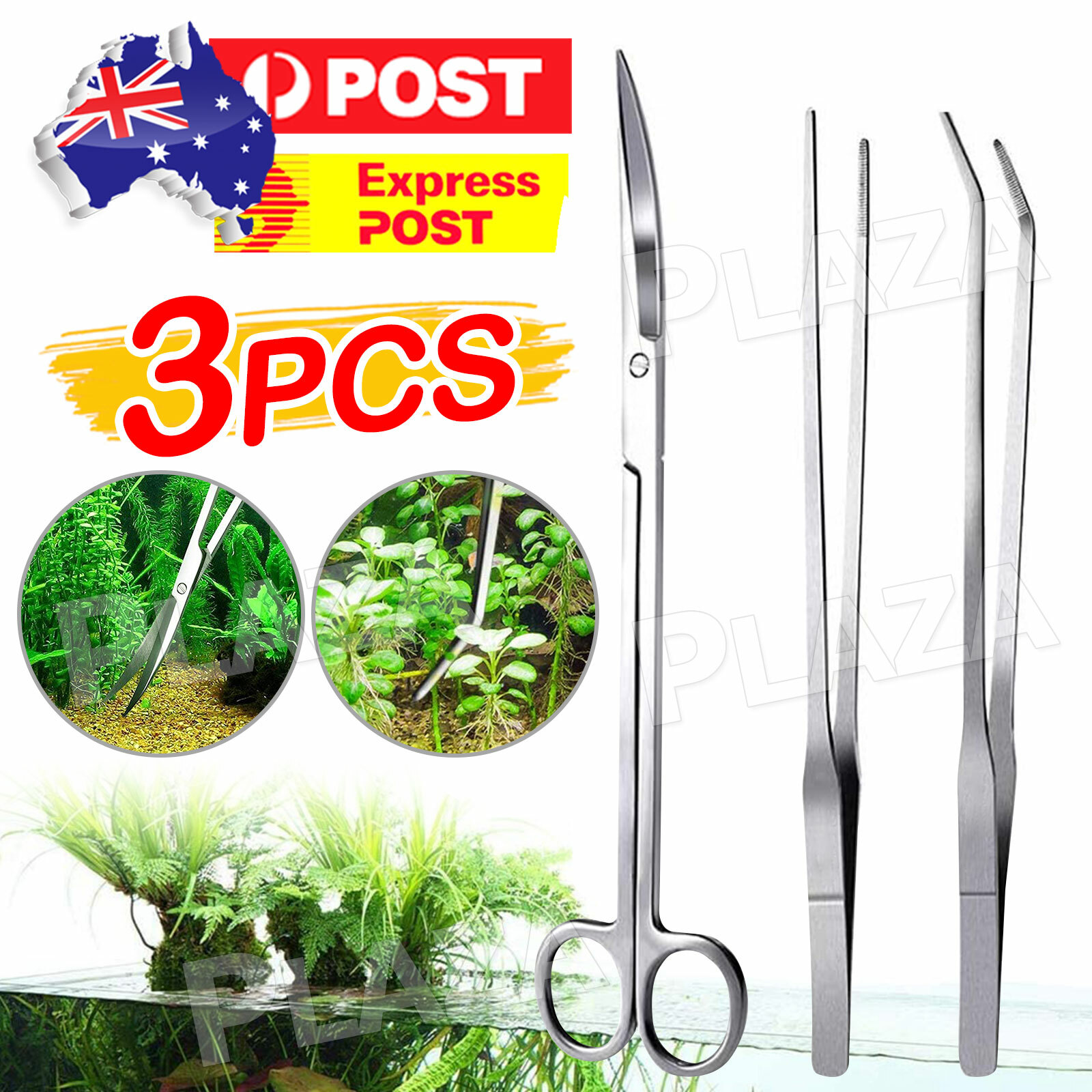 3pcs Aquarium Tools Kit Stainless Steel Plant Tweezers Scissors Fish Tank Silver