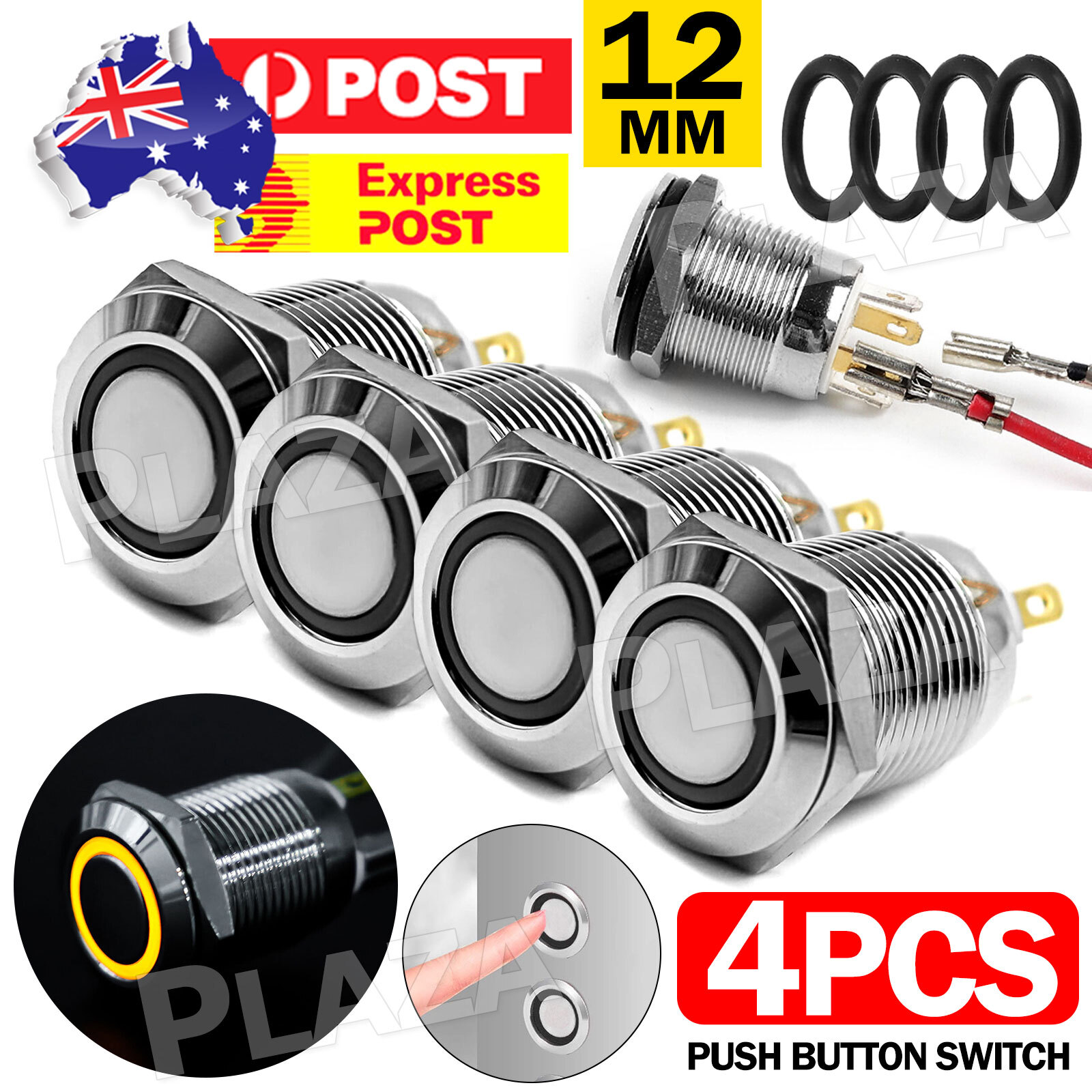 4PCS 12V 12mm Metal Momentary Push Button Switch LED Yellow Ring 2A Waterproof