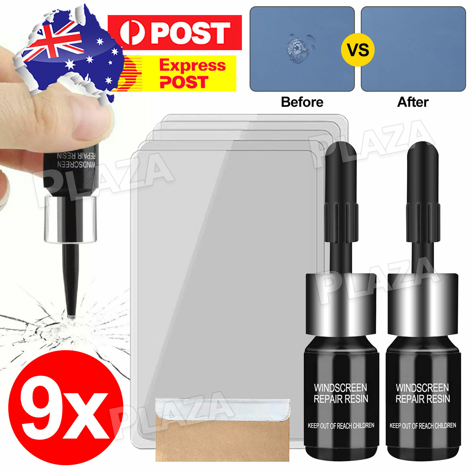 9PCS Windscreen Glass Repair Kit Windshield Cracked Nano Resin 0.5in 2.6in Black