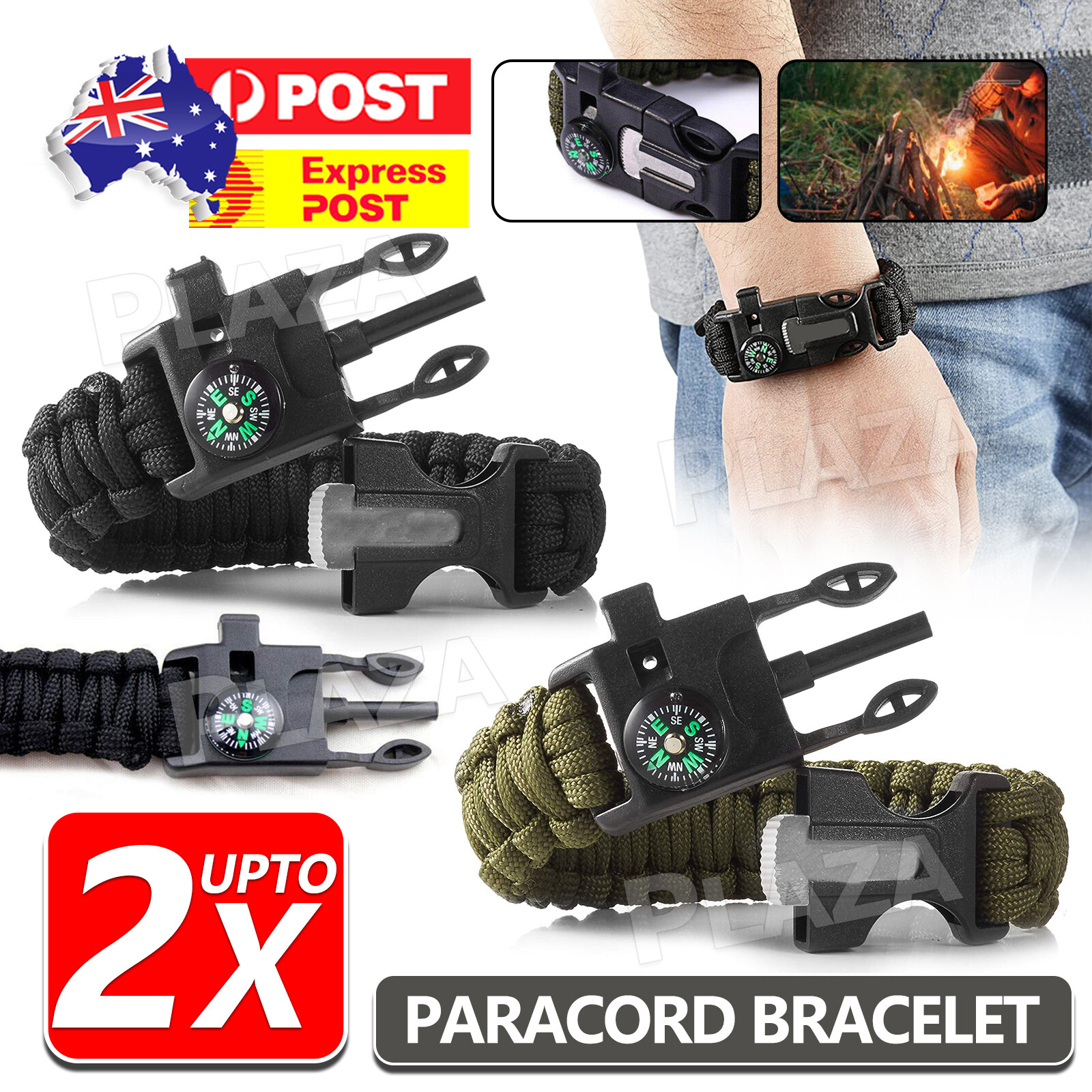 5in1 Survival Paracord Bracelet Flint Fire Starter Whistle Compass Black 25cm