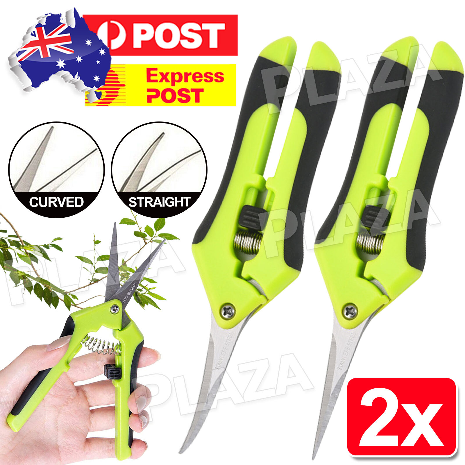 2PCS Pruning Shears Plant Scissors Curved Straight Stainless Steel 55mm Green