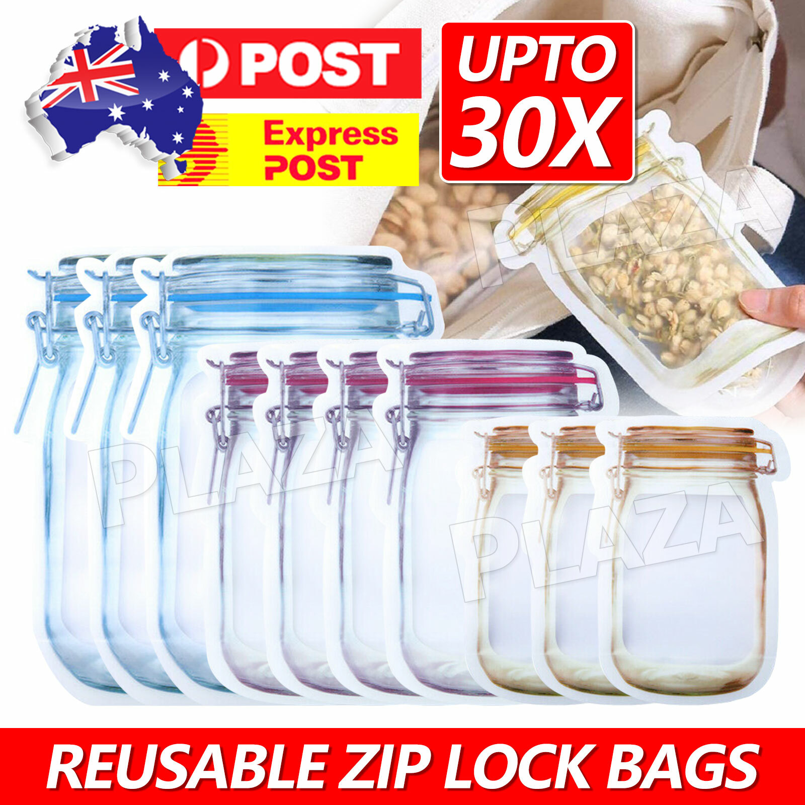 Mason Jar Reusable Zip Lock Food Storage Bags Stand Up 10PCS PE Red Blue Yellow