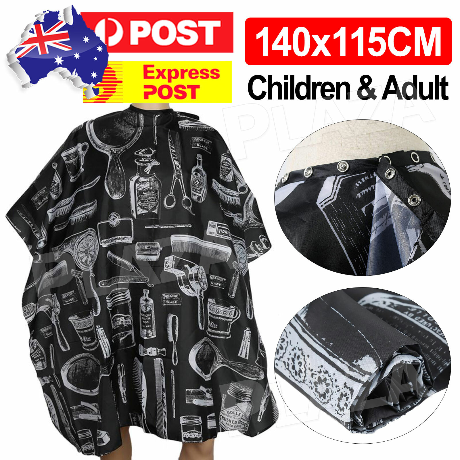 Hair Cutting Cape Barber Apron Adjustable Neck Black 140x115cm Salon Fabric