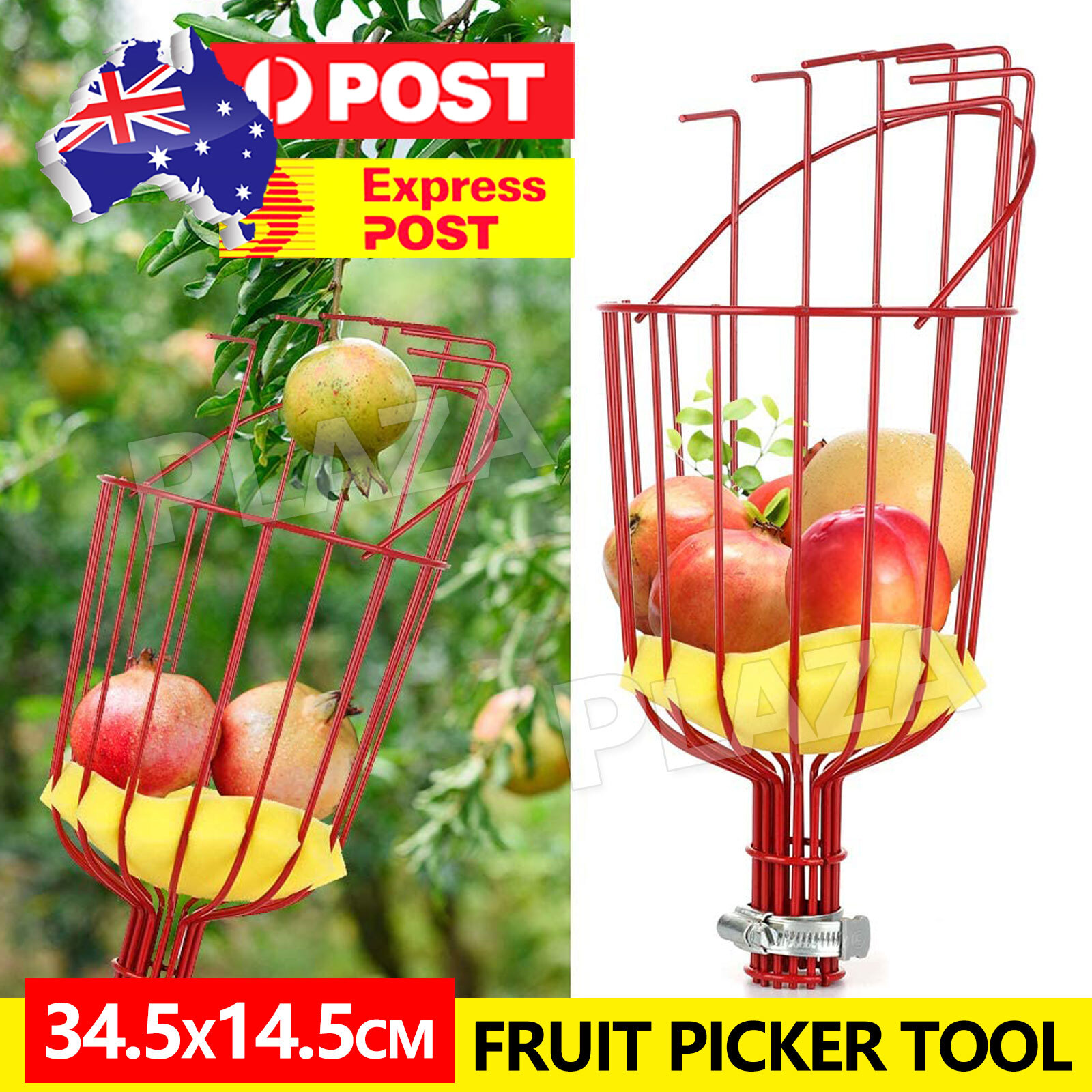 Fruit Picker Basket Tool Red Aluminum 34.5 x14.5 cm Twist-On Strong Metal Tongs
