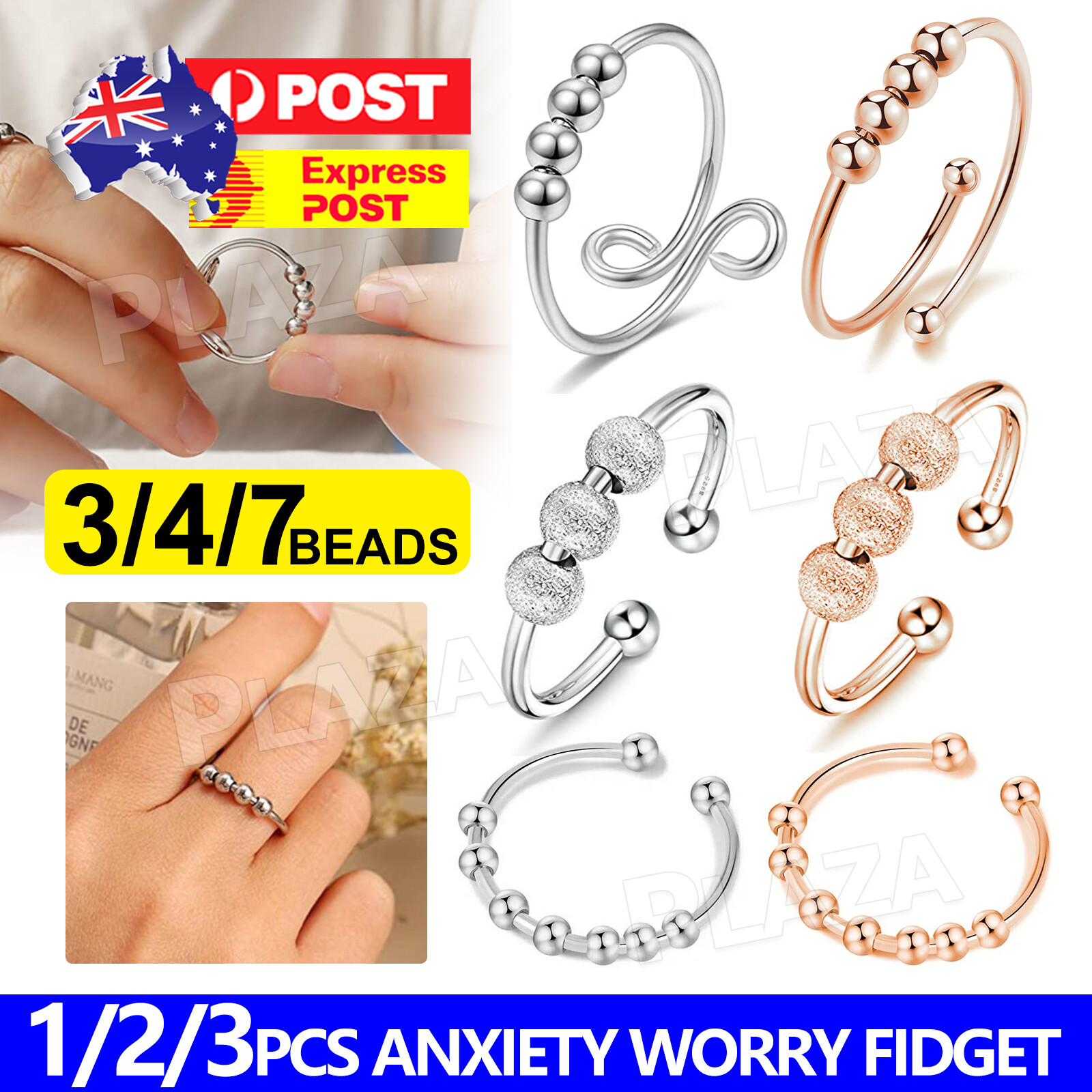 Anxiety Worry Fidget Spinner Ring Adjustable 3Beads silver/Rose Gold Metal Alloy