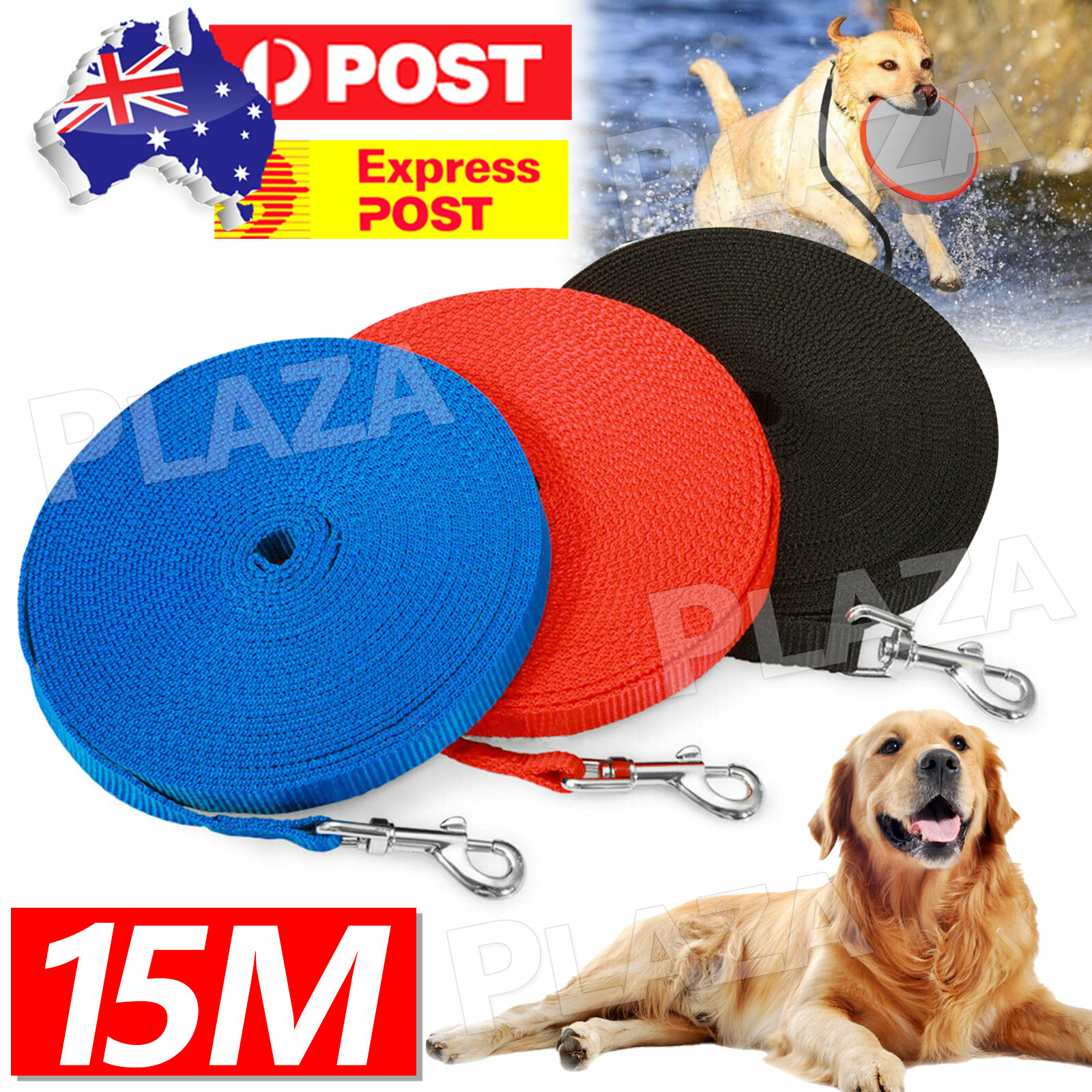 15m Dog Pet Training Recall Lead Nylon Size Black Ring Heavy-duty Metal Hook.