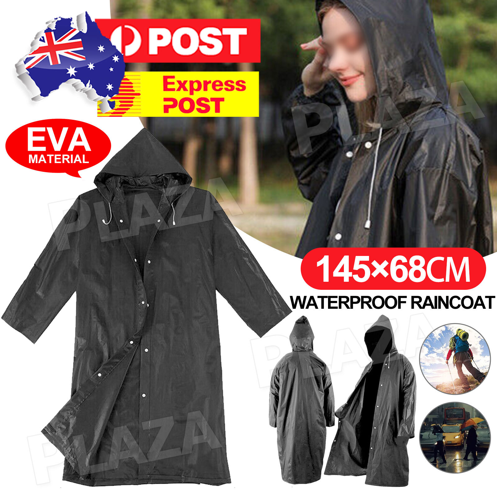 EVA Waterproof Hooded Raincoat Black Unisex Adults 145x68CM Foldable Outdoor