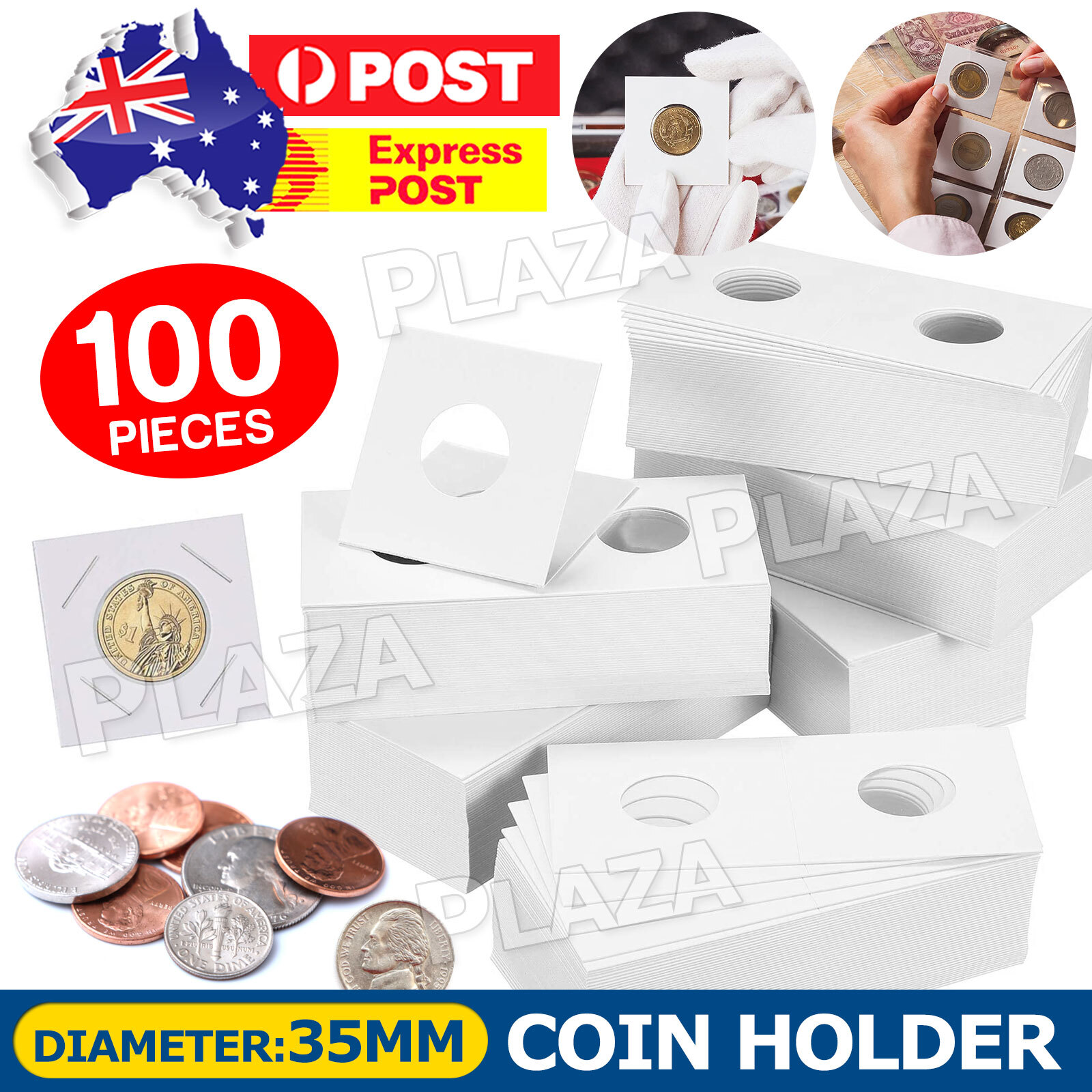 100x 35mm HOLDERS White CARDBOARD Paper Plastic Clear Window Storage Display
