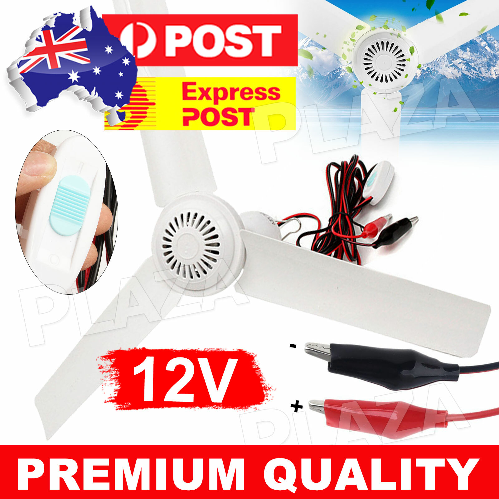 12V Battery Power Ceiling 3 Blades White Outdoor Caravan Camping 500mm 130mm
