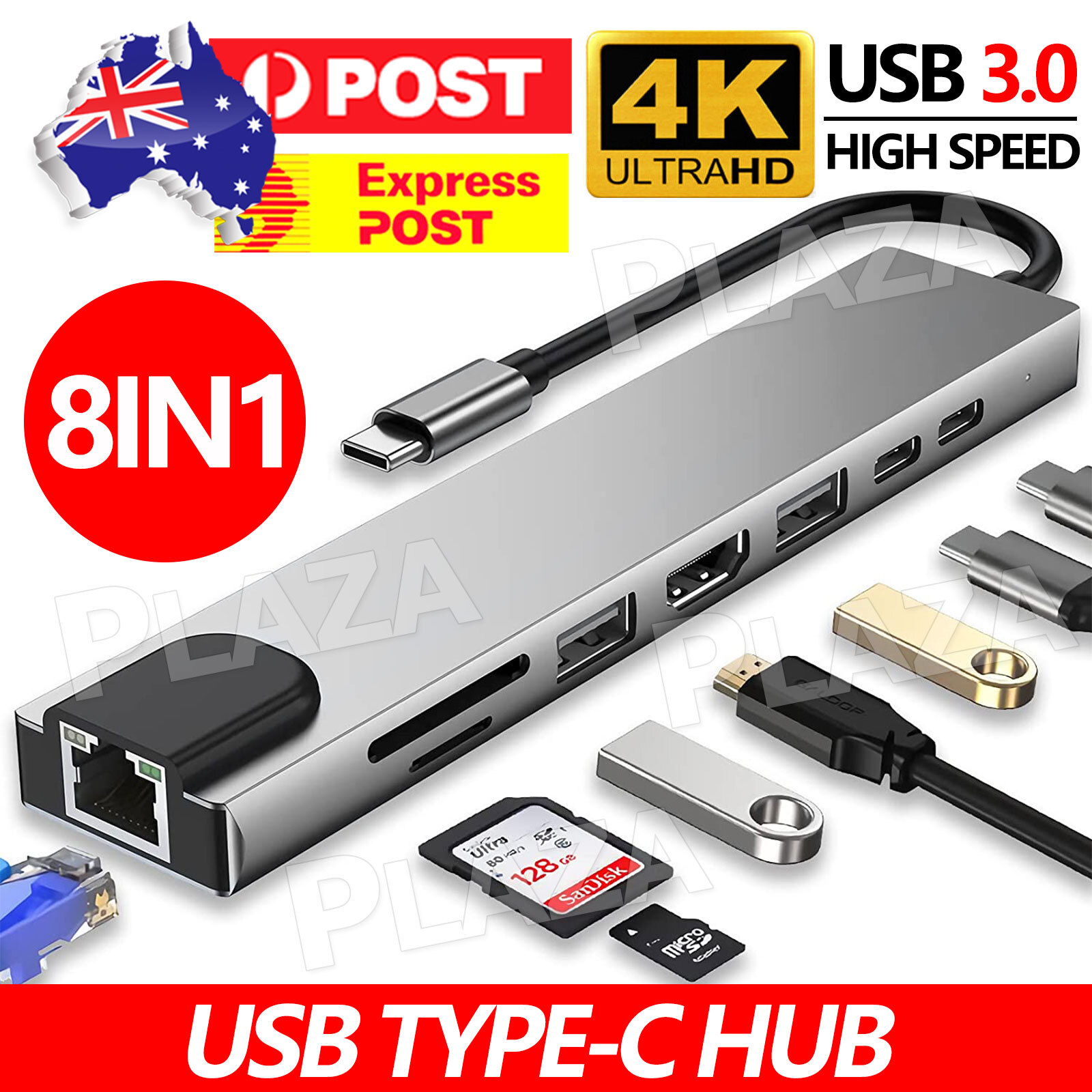 8in1 USB-C 3.1 Type-C Hub HDMI RJ45 Ethernet Micro SD TF OTG 4K Adapter USB 3.0