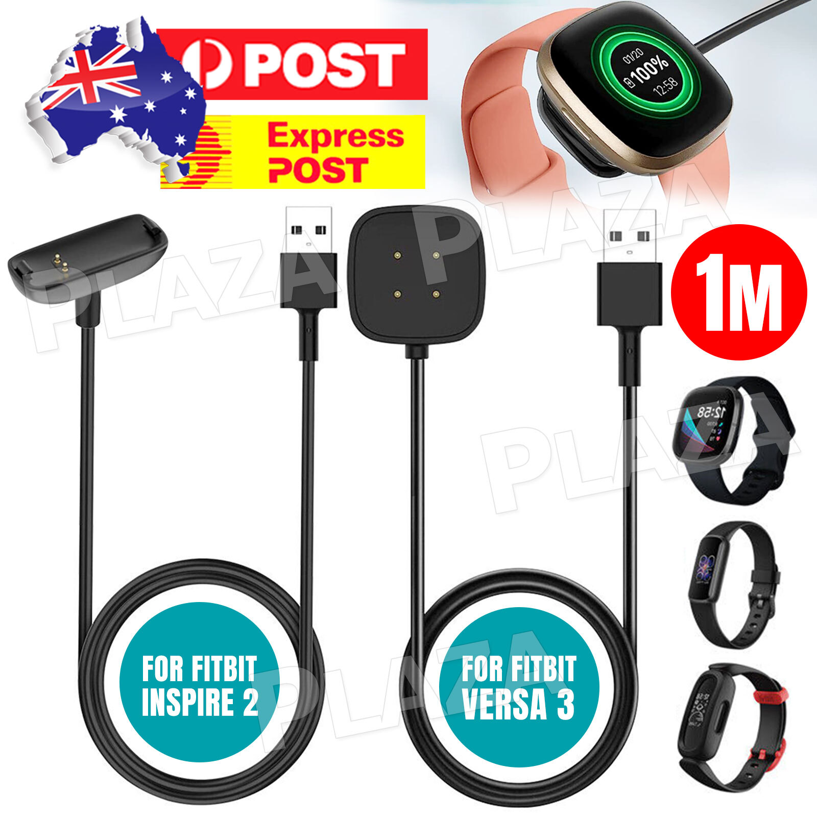 Fitbit Charging Cable 1M Fast Charger For Sense/Sense 4/Versa 3/Sense 2 Black