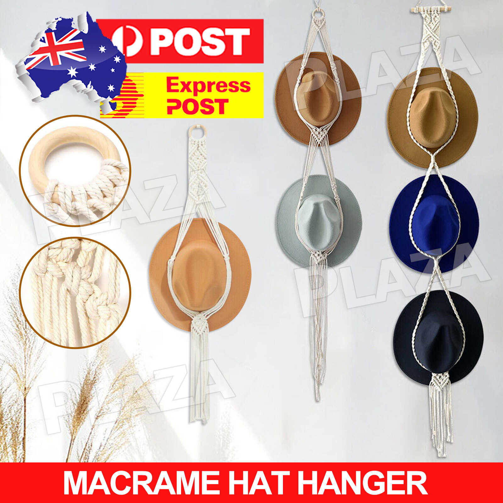 Boho Macrame Hat Display Rack Hanging Cotton Rope Holder 1-3 Hat Portable Beige