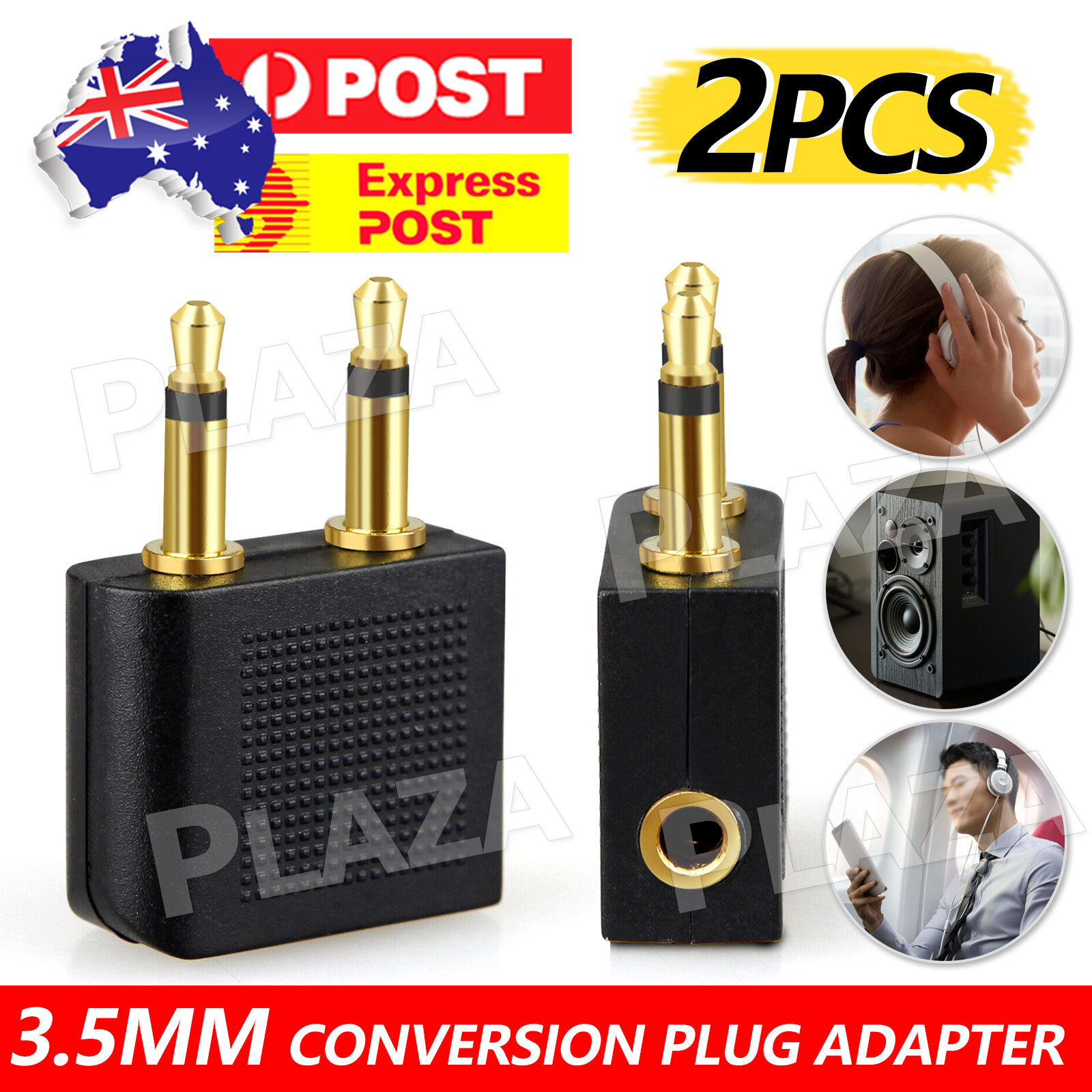 Airline Headphone Adapter 3.5mm Dual Jack to 3.5mm Audio Plug Black Golden