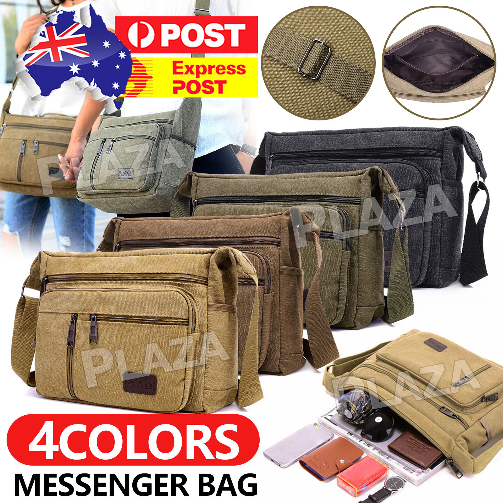 Vintage Canvas Messenger Bag Crossbody Black Zipper Adjustable Strap 31x24x11CM