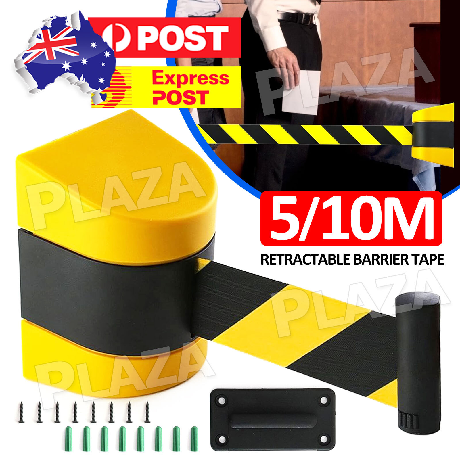 Retractable Barrier Tape Safety Wall Mounted 5M/10M Yellow Black ABS Plastic