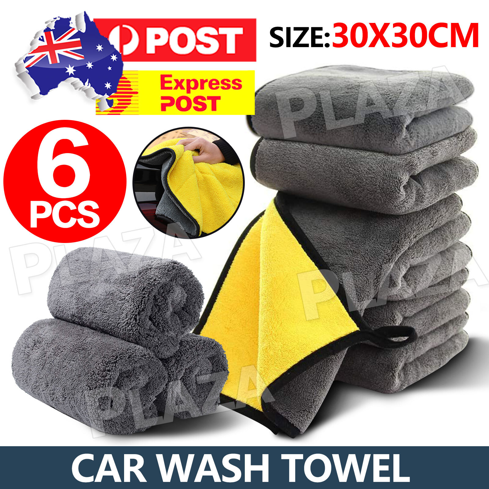 6pcs Microfibre Car Wash Cleaning Towel Super Absorbent 30x30CM Yellow Grey