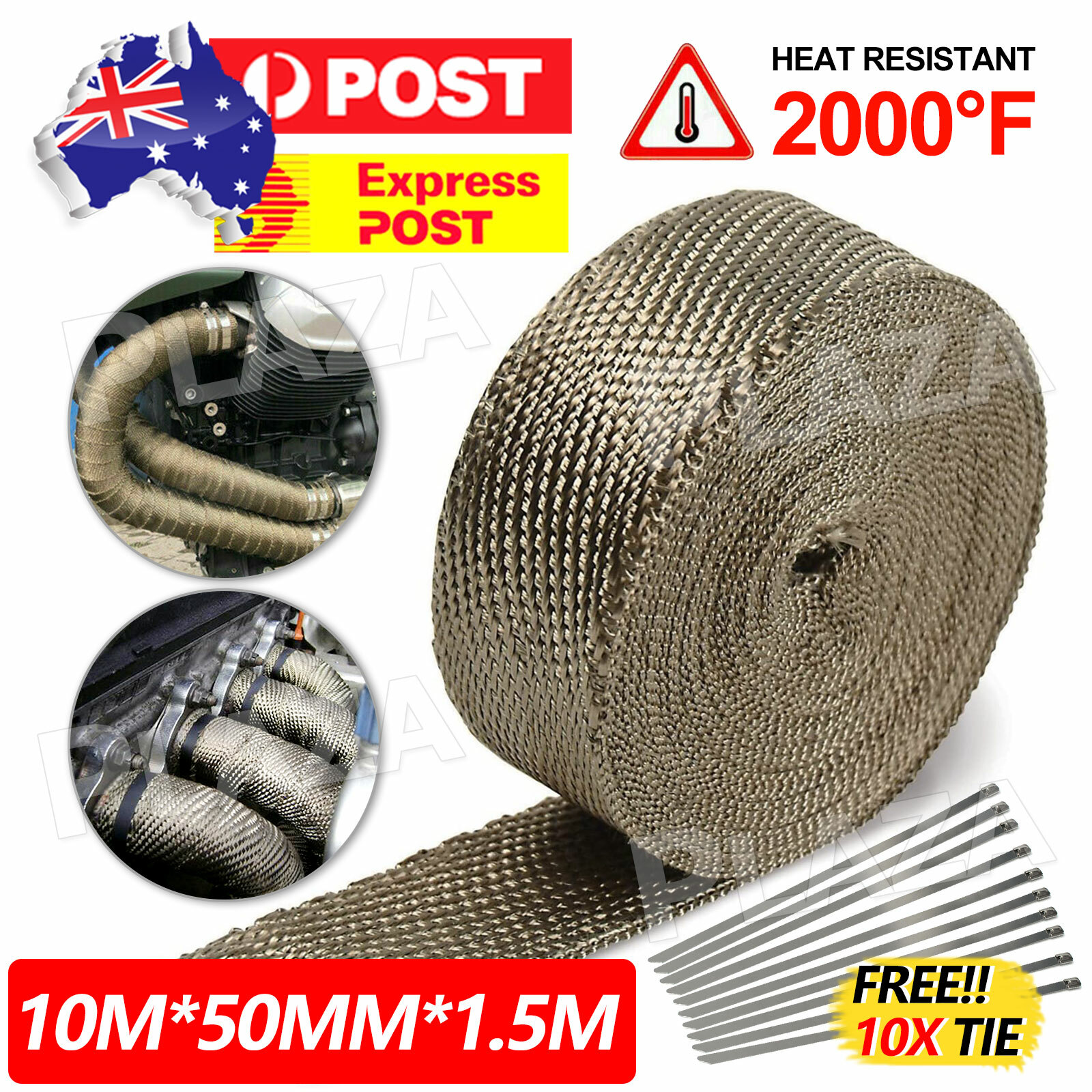Titanium Exhaust Wrap 10m 50mm Heat Resistant 2000F 10 Stainless steel Ties