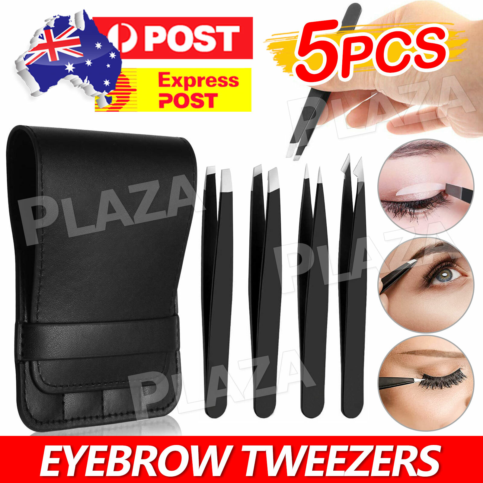 Professional Eyebrow Tweezers 4-piece Black Stainless Steel Slanted Pointed Tip