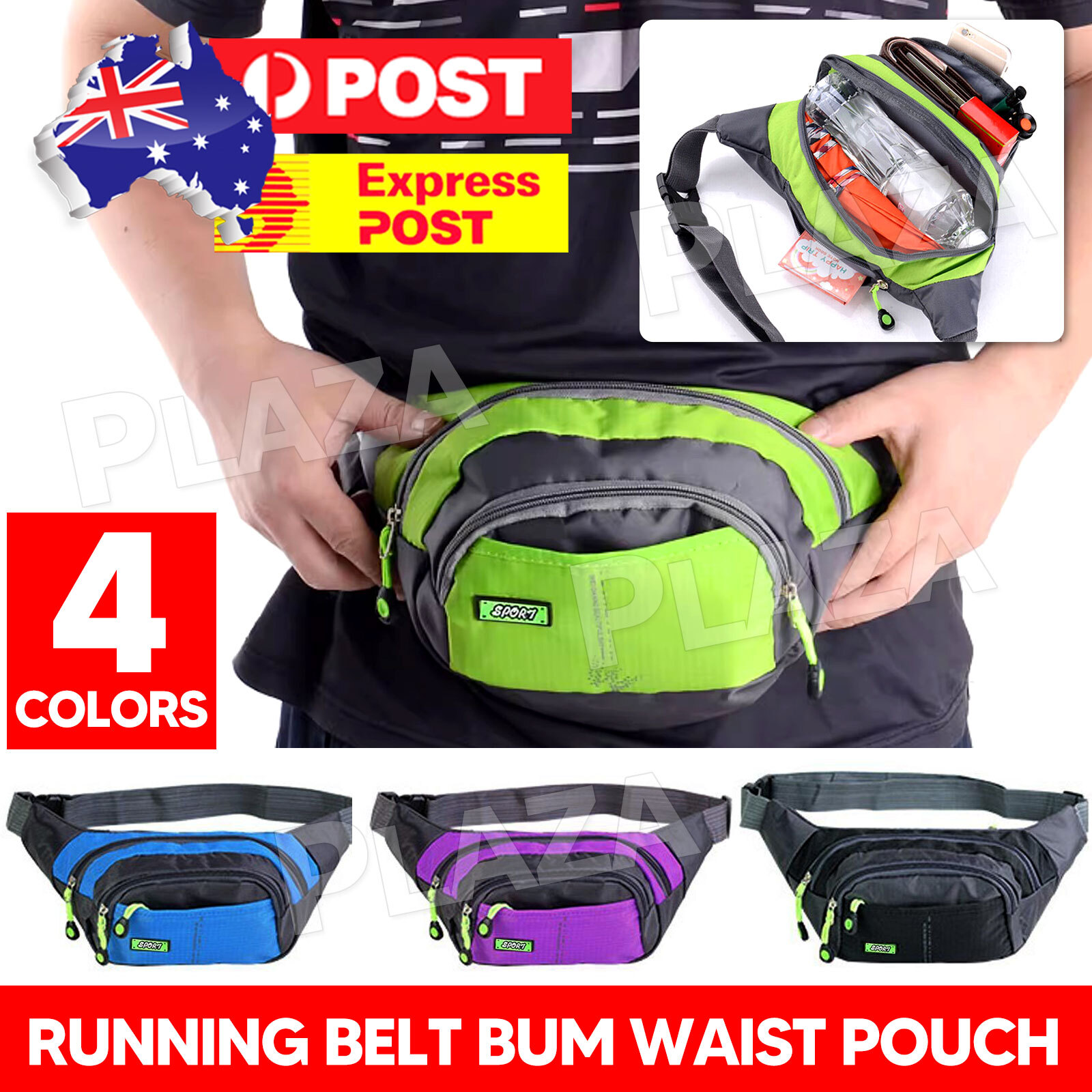 Unisex Waterproof Running Waist Belt Pouch Nylon Zip Adjustable Strap Black