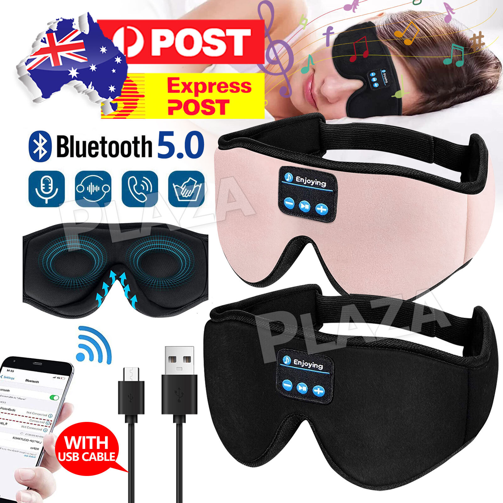 Wireless Bluetooth Sleep Eye Mask Headphones YR-04 Stereo Black 10h V5.0 200mAh