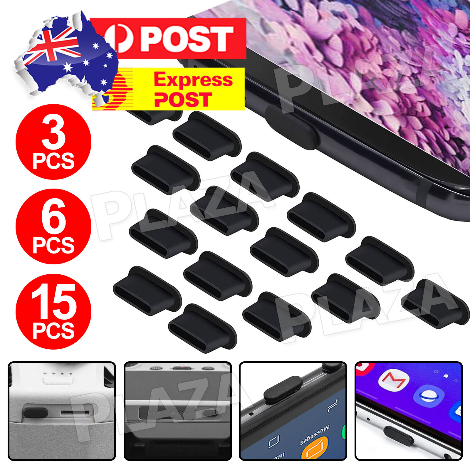 3pcs Type-C USB-C Charging Port Dust Plug Silicone Protector Black Dustproof