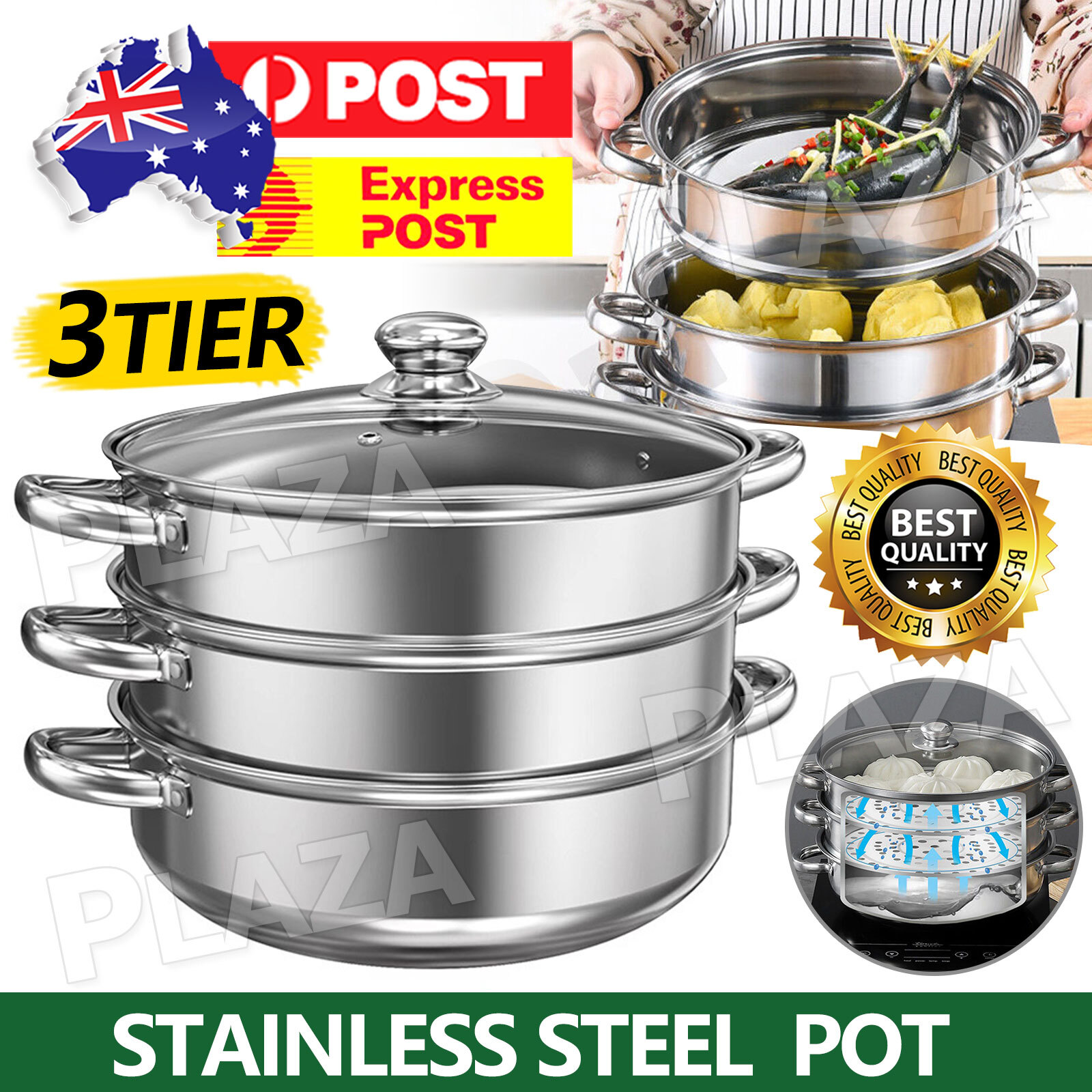 3 Tier Stainless Steel Steamer Pot 28cm Silver Vented Glass Lid Electric Round