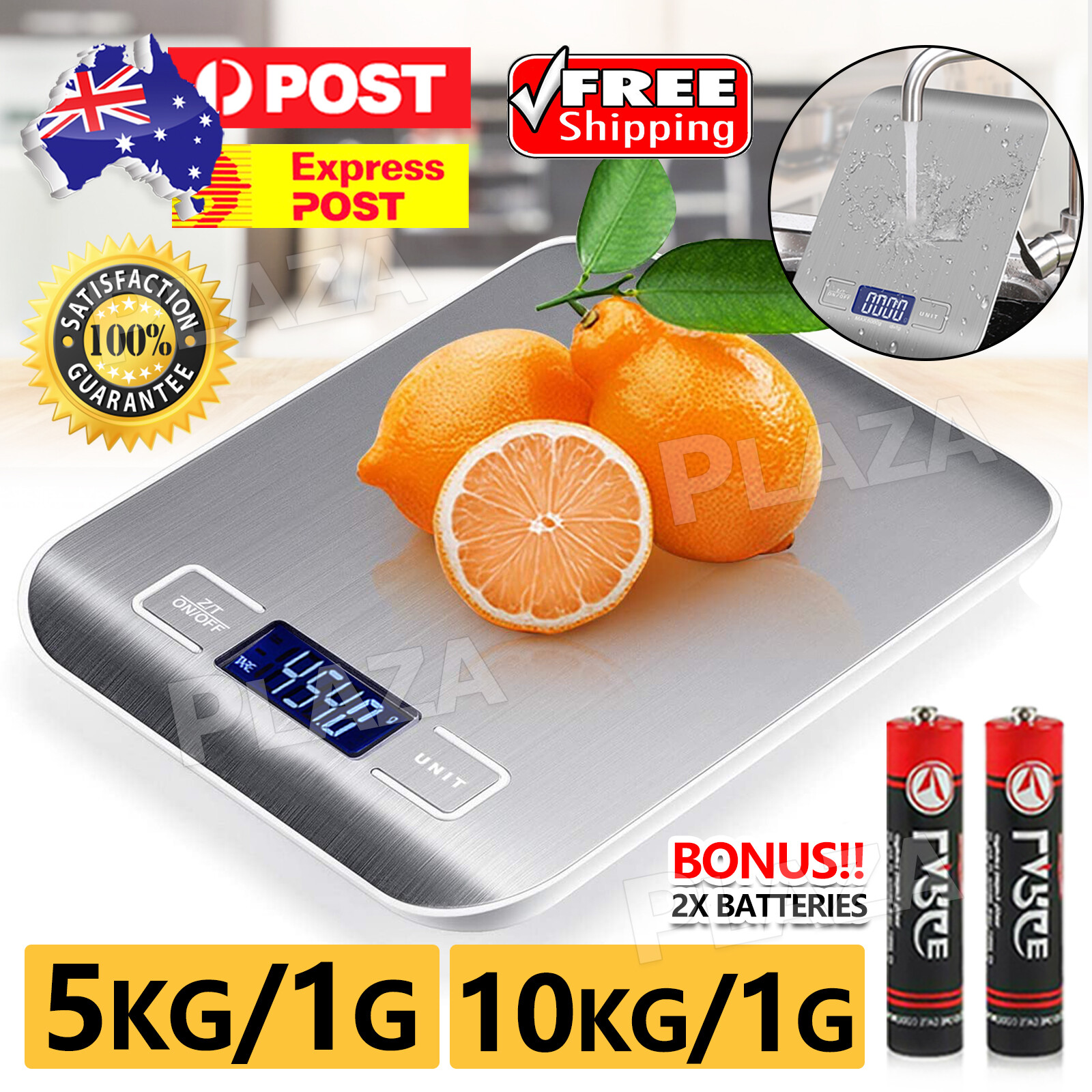 Digital Kitchen Scale 5kg/10kg 1g Stainless Steel Silver Backlit LCD Battery