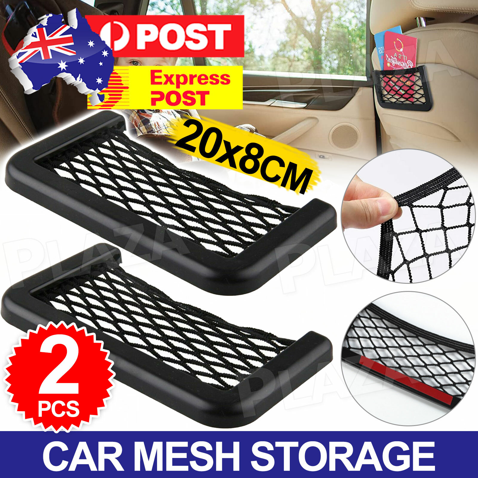 2pcs Car Mesh Storage Holder Adhesive Phone Sunglasses Pouch Black ABS 20 8CM