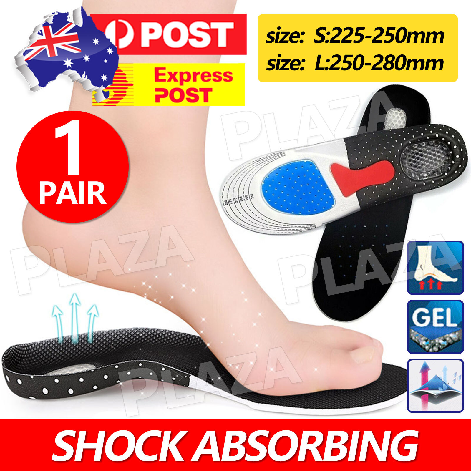 Gel Orthotic Insoles Arch Support Plantar Fasciitis Shock Absorption 225-250mm
