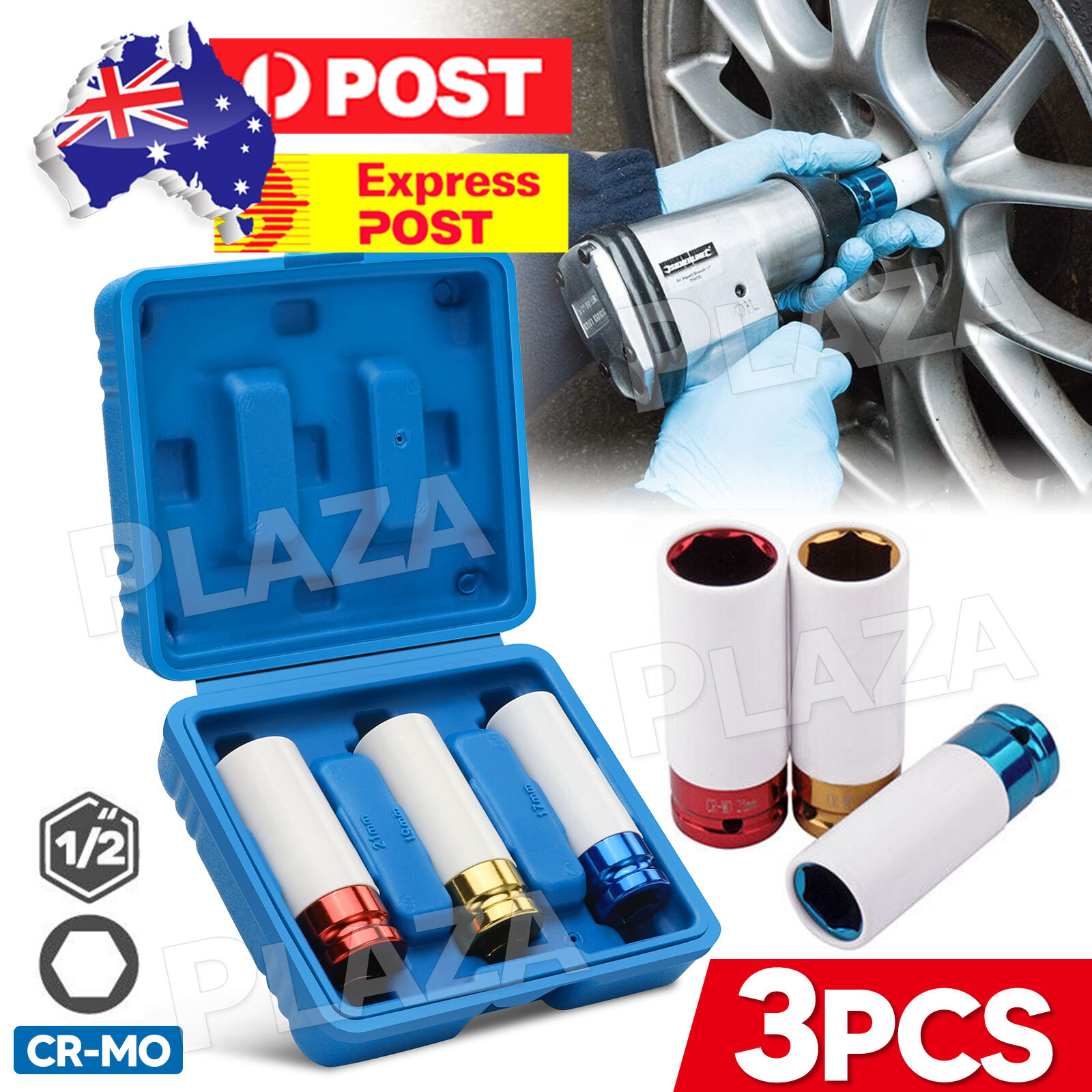 3pc Wheel Protector Deep Impact Socket Set 17-21mm 1/2 Drive Alloy Wheels Case