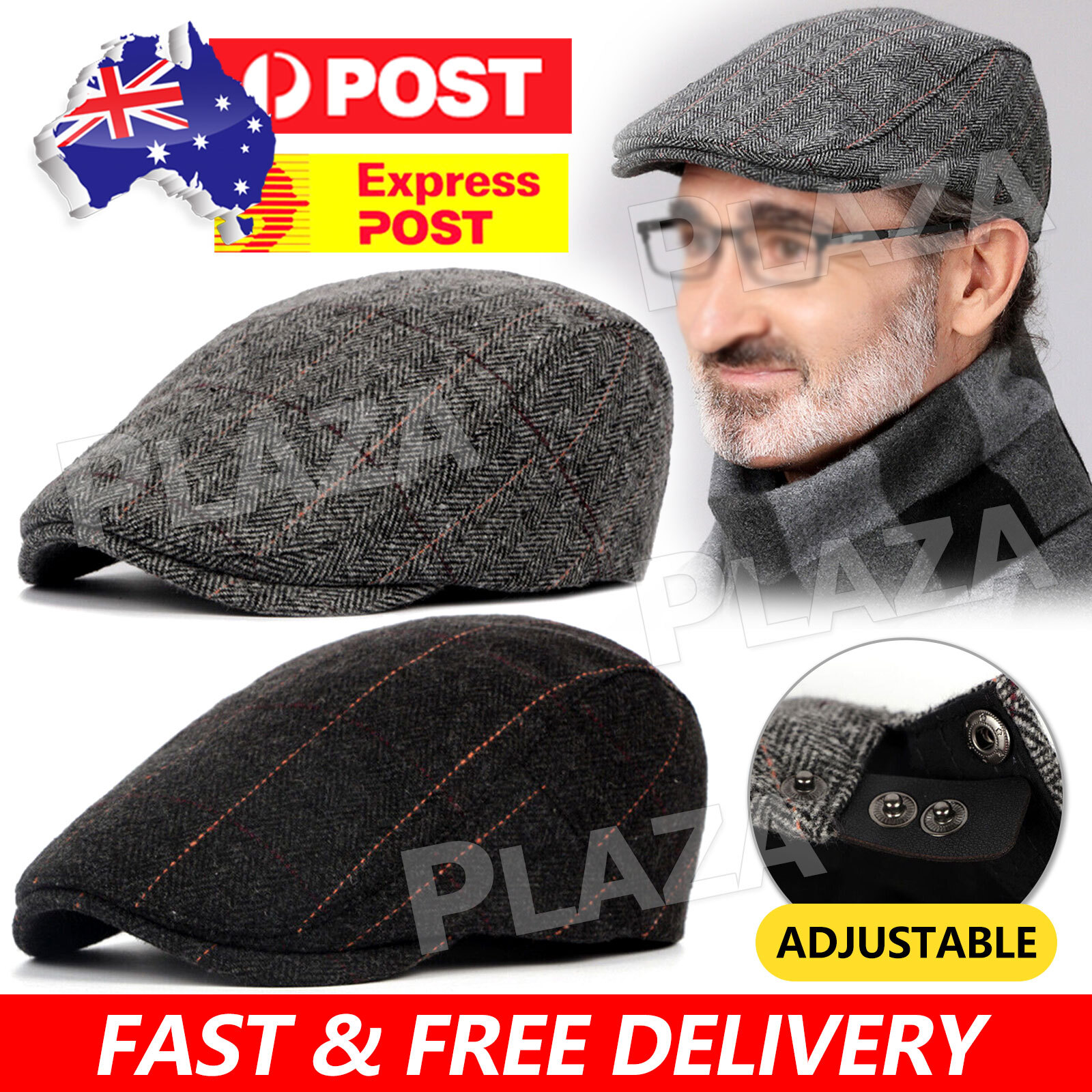 Mens Wool Newsboy Gatsby Cap Flat Duckbill Hat Black/Grey Adjustable 55-59cm