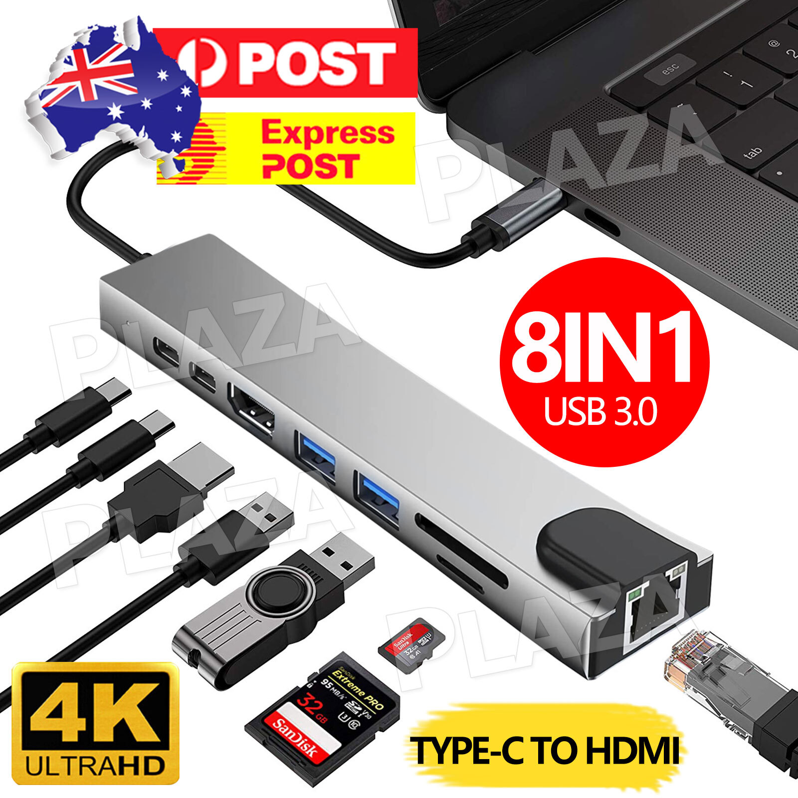 8in1 USB-C Hub HDMI RJ45 Ethernet USB 3.0 Micro SD TF OTG 4K Type-C Adapter